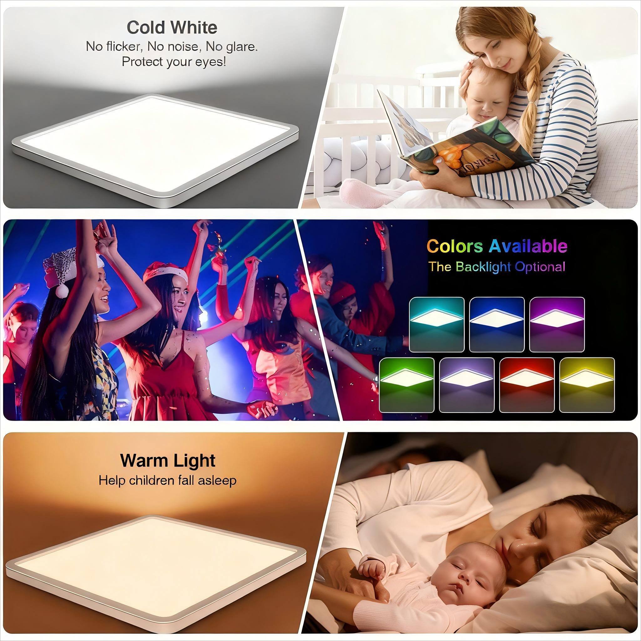 POPOLIC LED Deckenleuchte 24W RGB Farbwechsel Deckenbeleuchtung 3000K-6500K,dimmbar, 3200 lm, Badezimmer-Deckenleuchte mit Fernbedienung,Quadrat