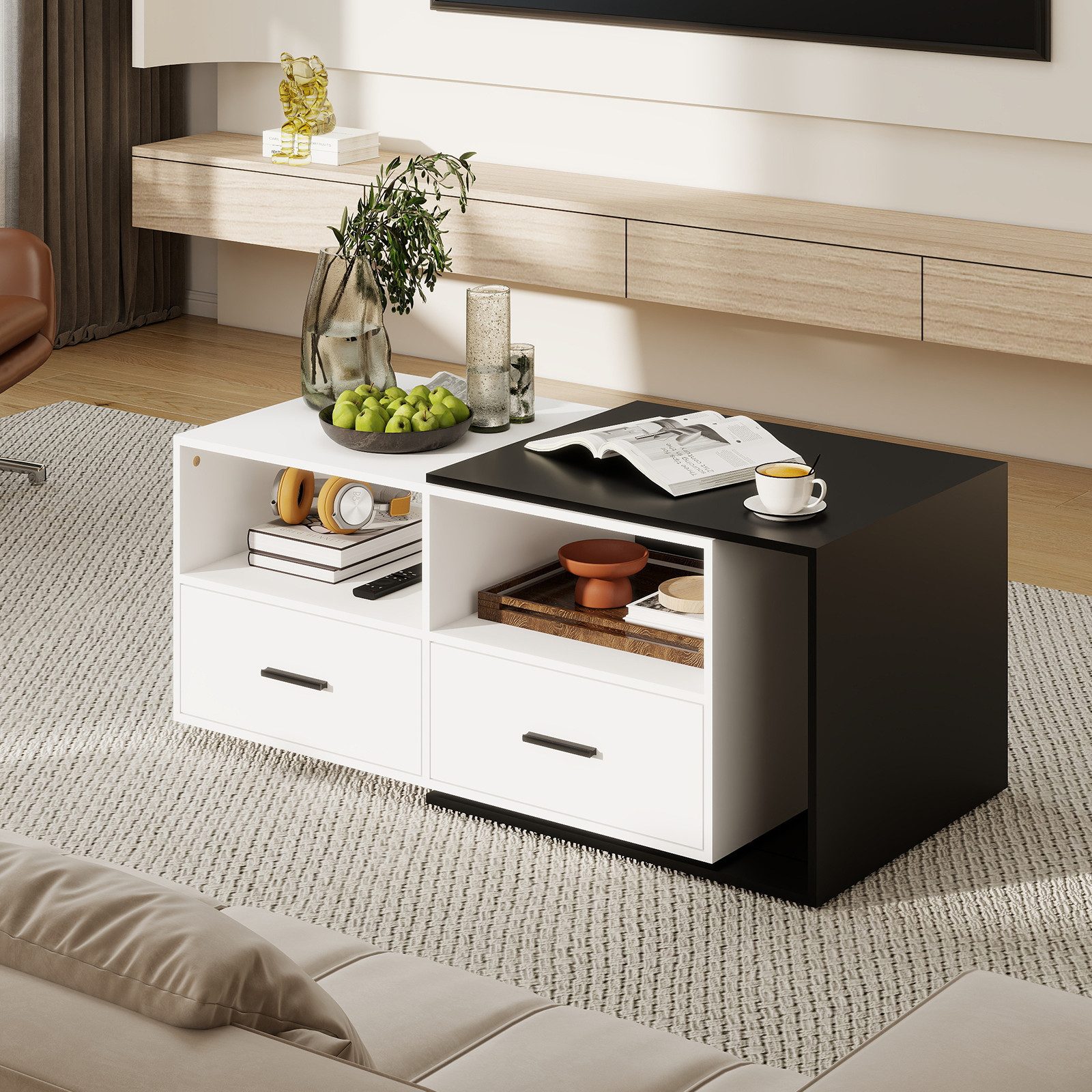 Puluomis Couchtisch Kaffeetisch ausziehbar 91-145cm mit Rollen Schublade schwarz weiß (Packung)
