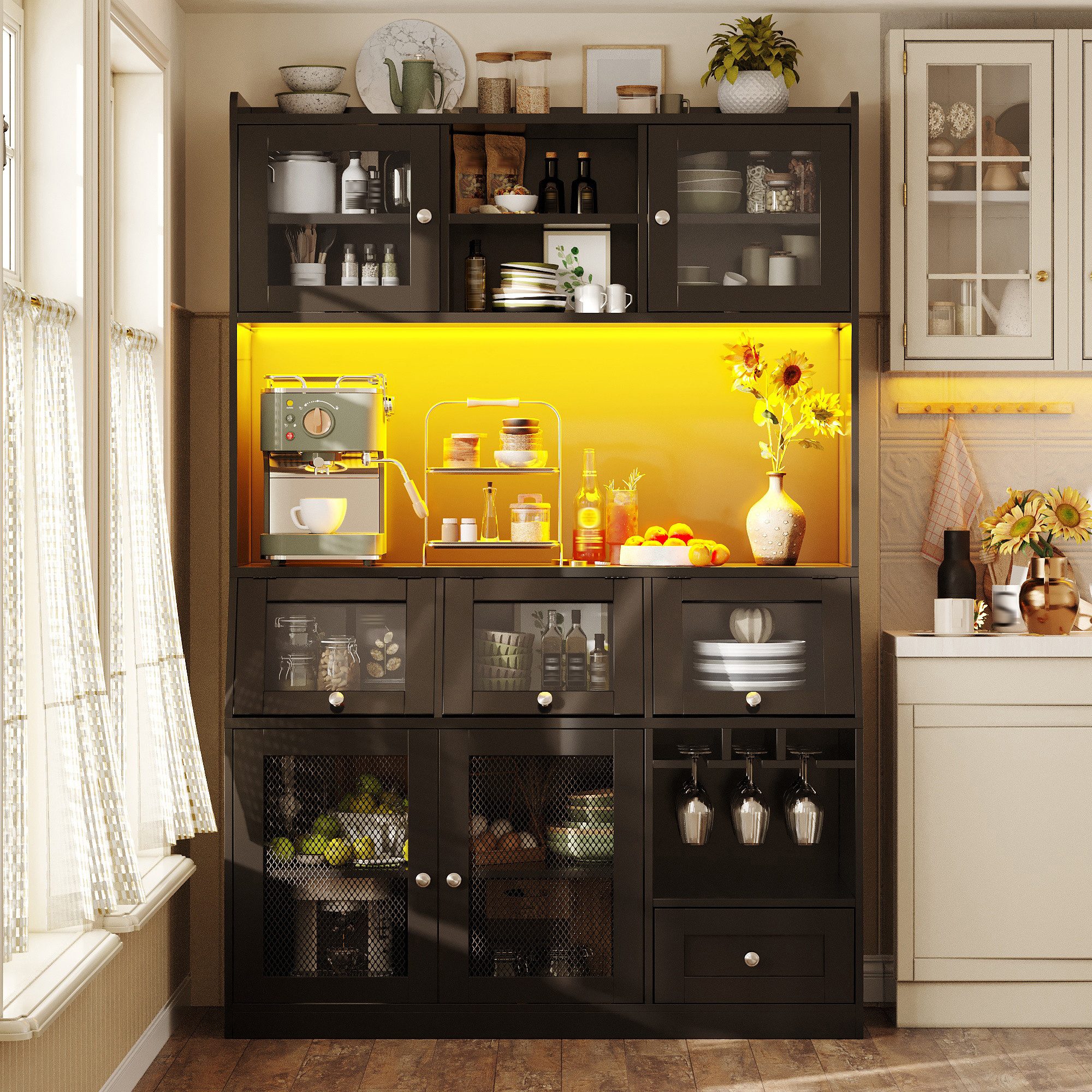 Celya Hochschrank Küchenschränke mit USB-Anschluss und LED-Beleuchtung (mit multifunktionaler Stauraum, mit großzügiger Arbeitsfläche, mit Glastüren)