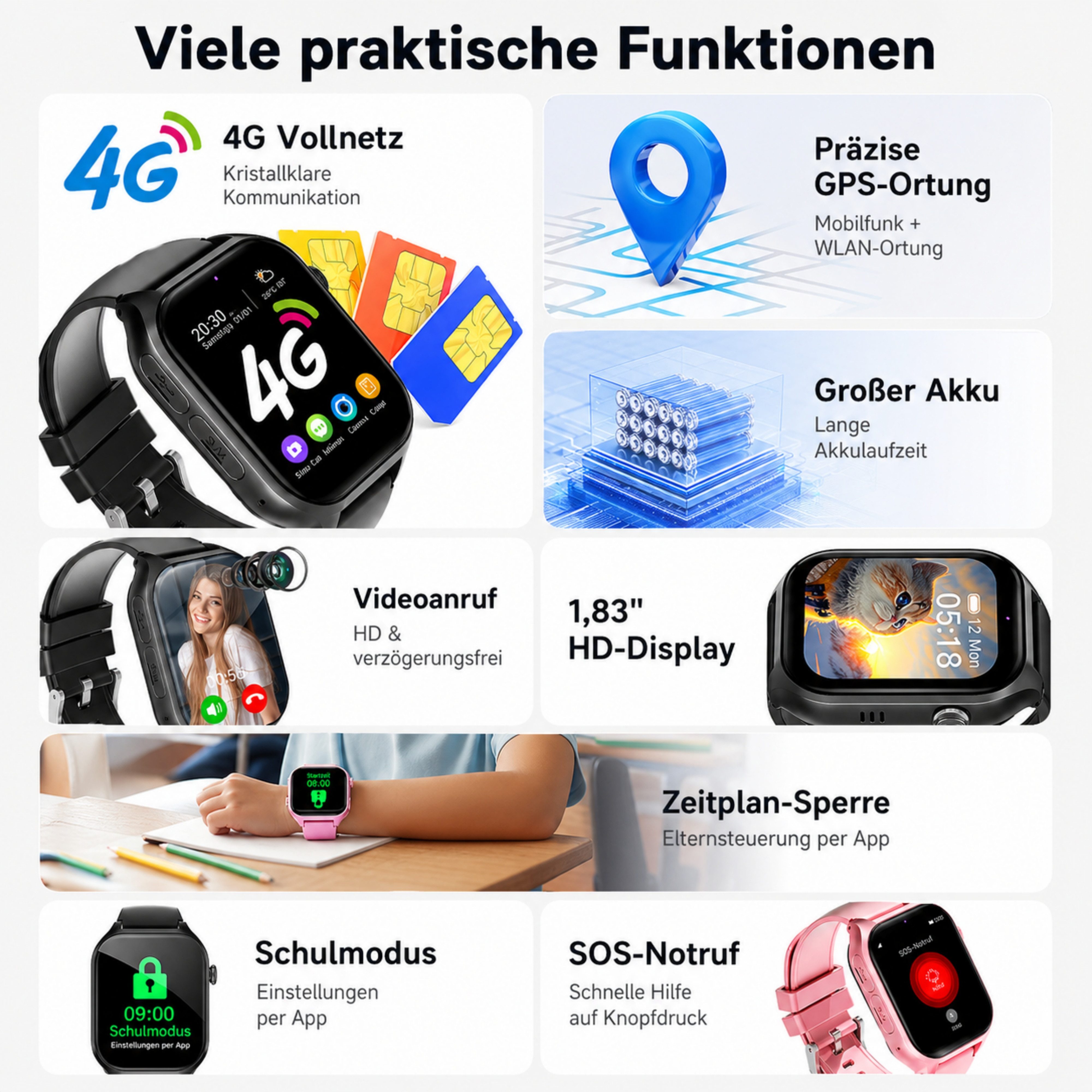 Fyrove Kinderuhr Smartwatch Kinder mit GPS und 4G, Installierbare APP Smartwatch (1,83 Zoll), 1,83", 8GB, GPS+LES, 4G-LTE, IP67, SOS, Bluetooth – Bild 5 von 5