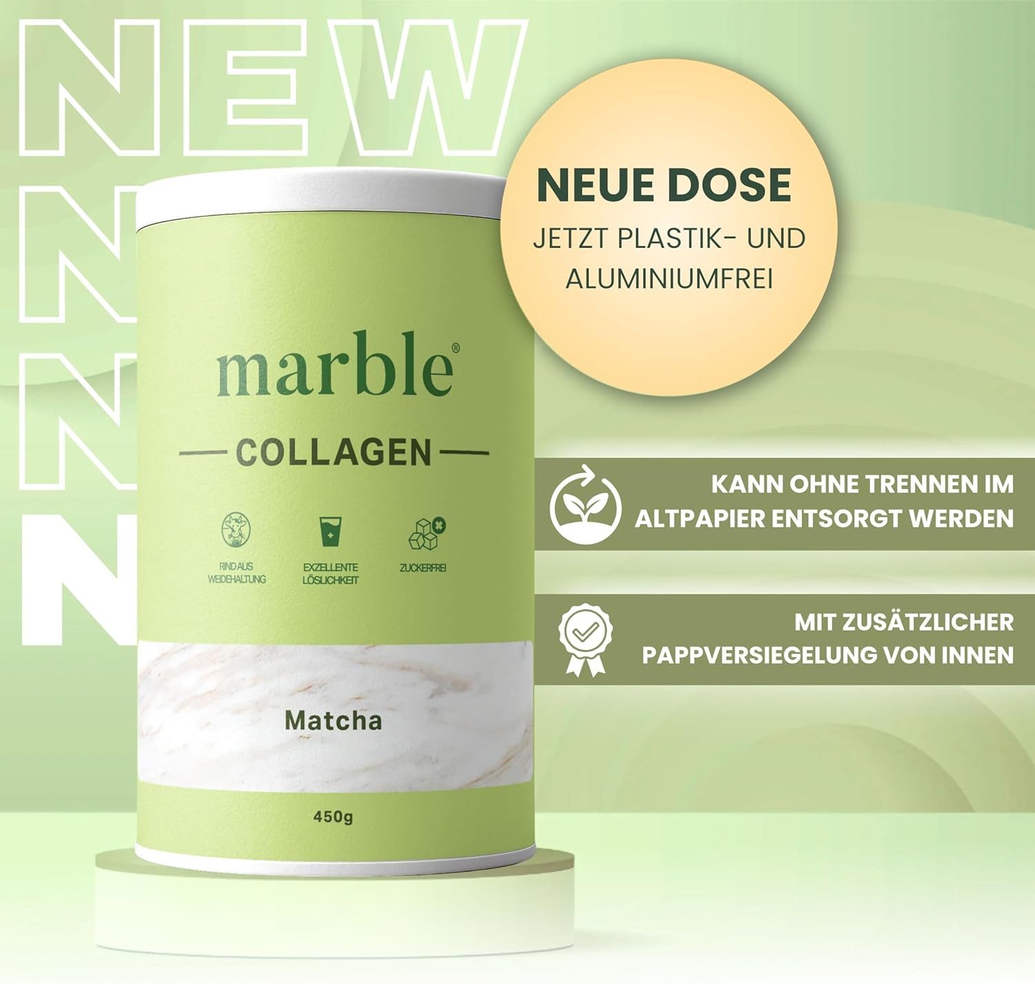 Marble Kollagen Pulver Matcha 450g – Typ I, II & III, ohne Zucker Pulver, Packung à 1 St., 450 g, Pappdose ohne Plastik, Umweltschonend