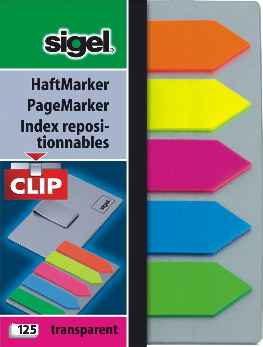 Sigel Haftnotizblock Haftmarker Film mit Clip 52x82 77g/qm Pfeil 5 Farben auf Karte mit Kle
