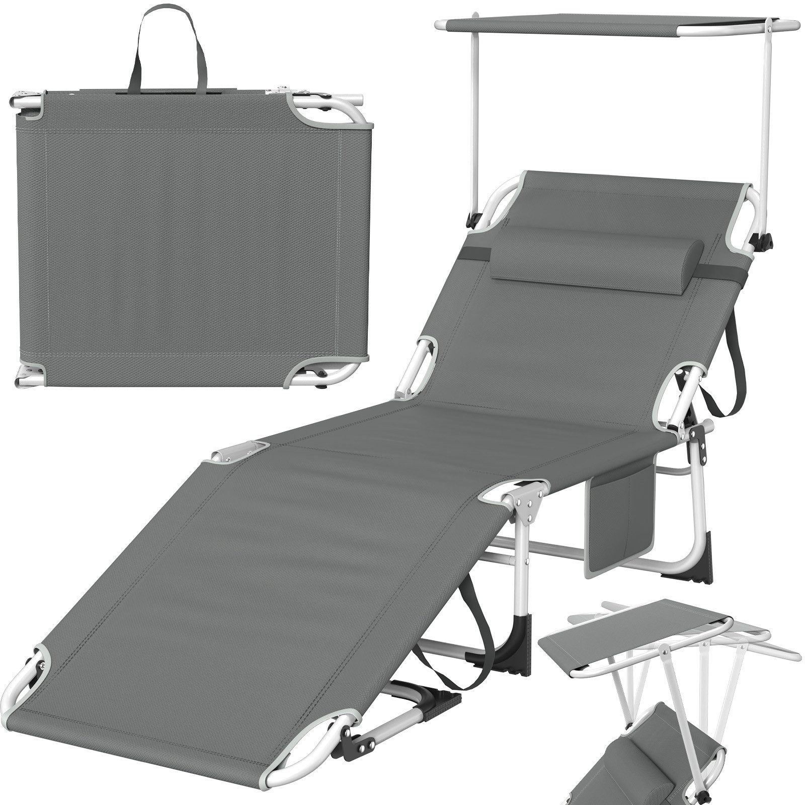Huracan Gartenliege Sonnenliege mit Dach, Gartenliege mit Kopfkissen&Seitentasche, 1 St., Sonnenliege klappbar für Strand, Extra Breiter Liegefläche, Verstellbare Rückenlehne & Sonnenschutz