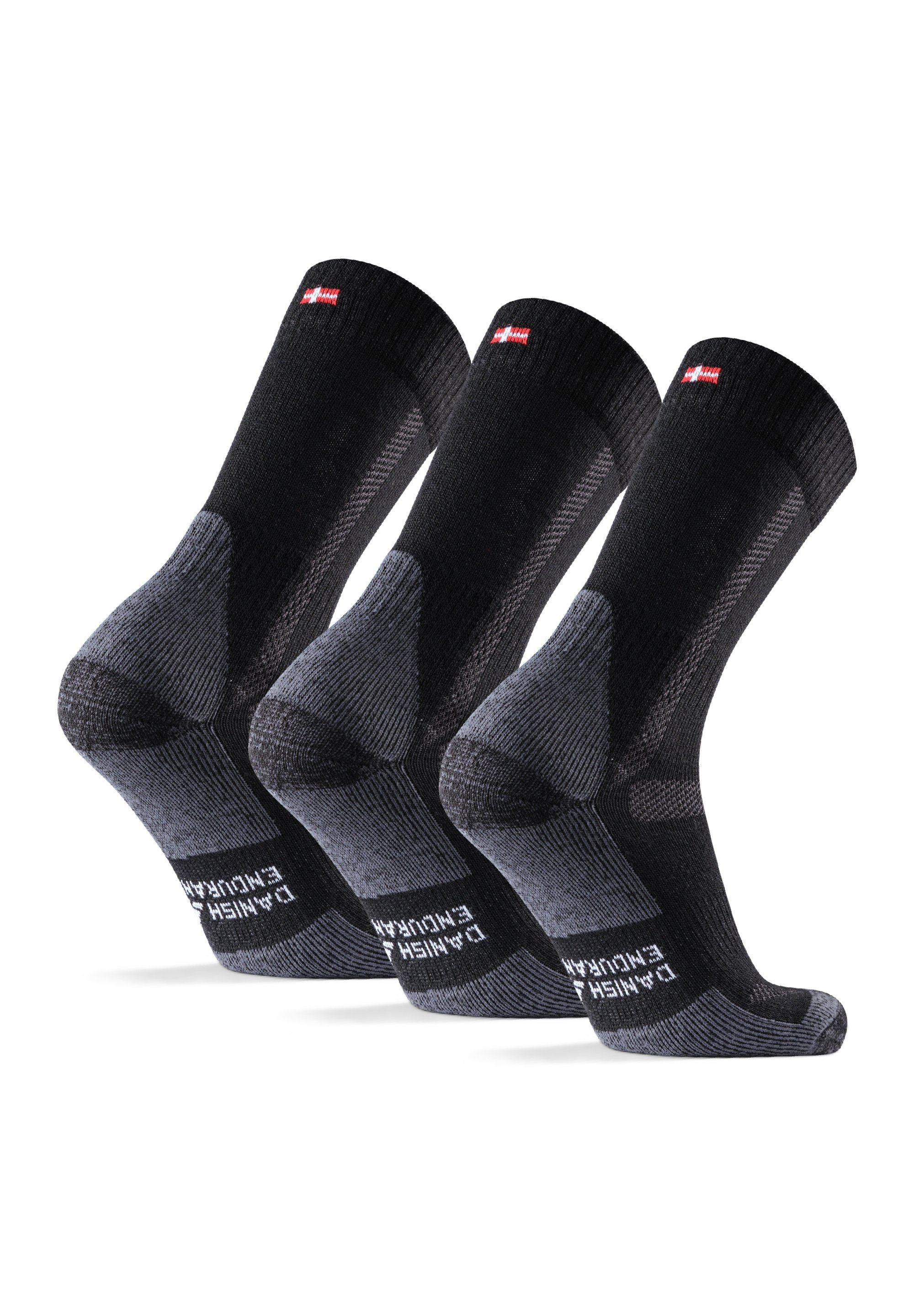 (Packung, DANISH Merino 3-Paar) Wandersocken Socks ENDURANCE & Kinder Anti-Blasen, für Hiking Black/Grey Damen Herren, Classic