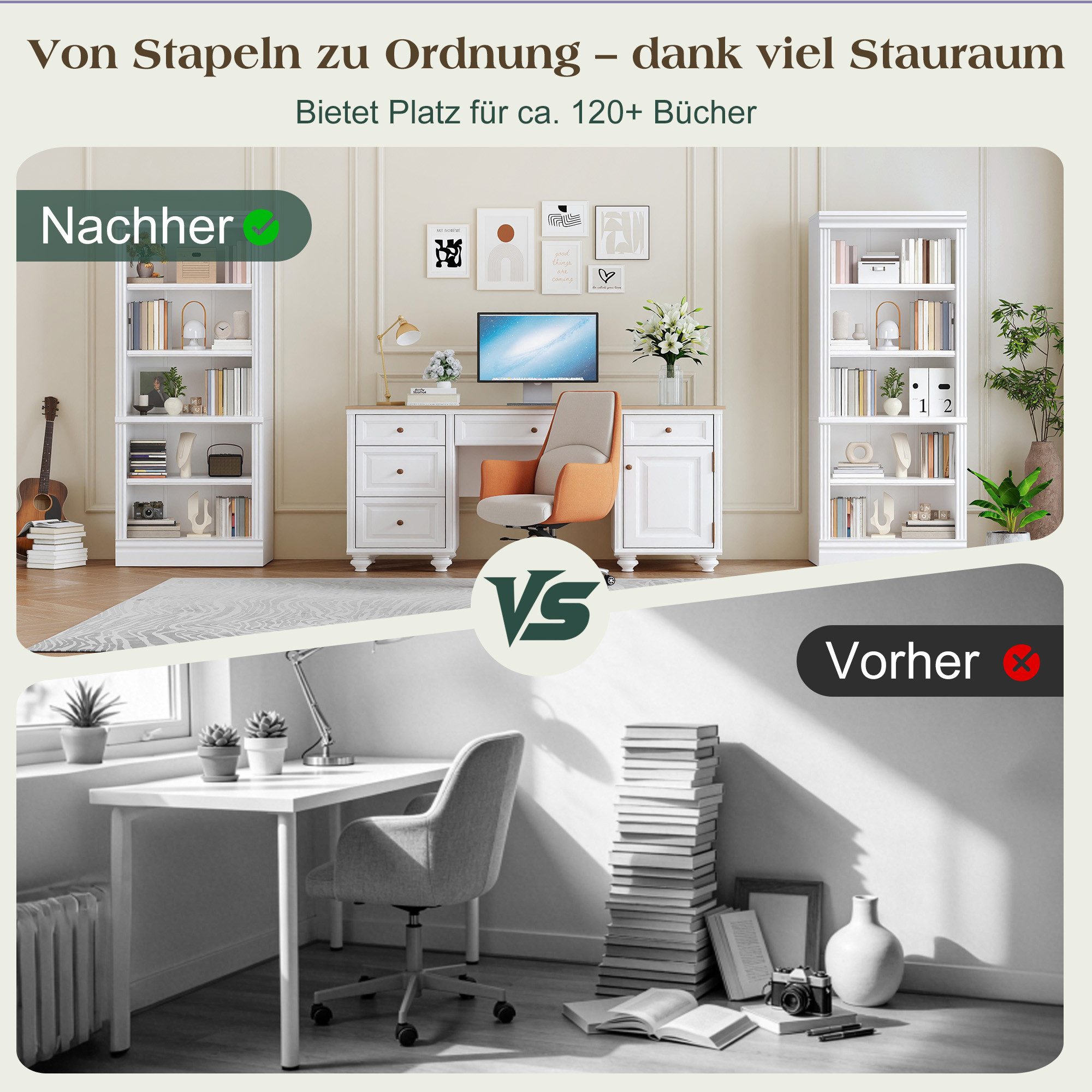 AMERLIFE Bücherregal mit 5 offenen Ebenen, verstärkter Basis & klassischem Weiß, 1-tlg.