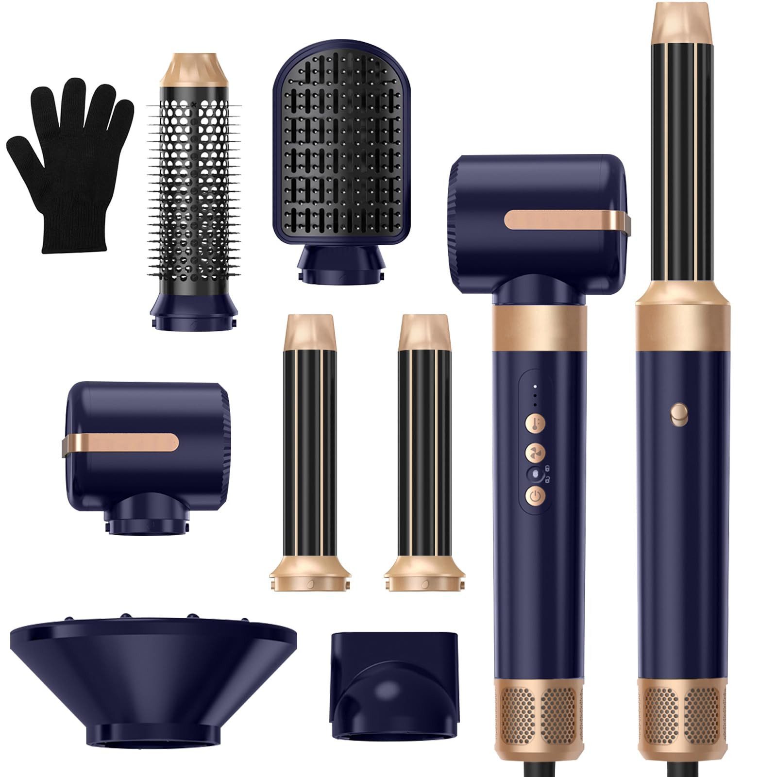 UKLISS Multihaarstyler 7‑in‑1 Multi‑Haarstyling‑Set, 1400‑W‑Haartrockner mit Diffusor, 30‑mm‑Lockenstab, Stylingbürsten zum Trocknen, Locken und Glätten