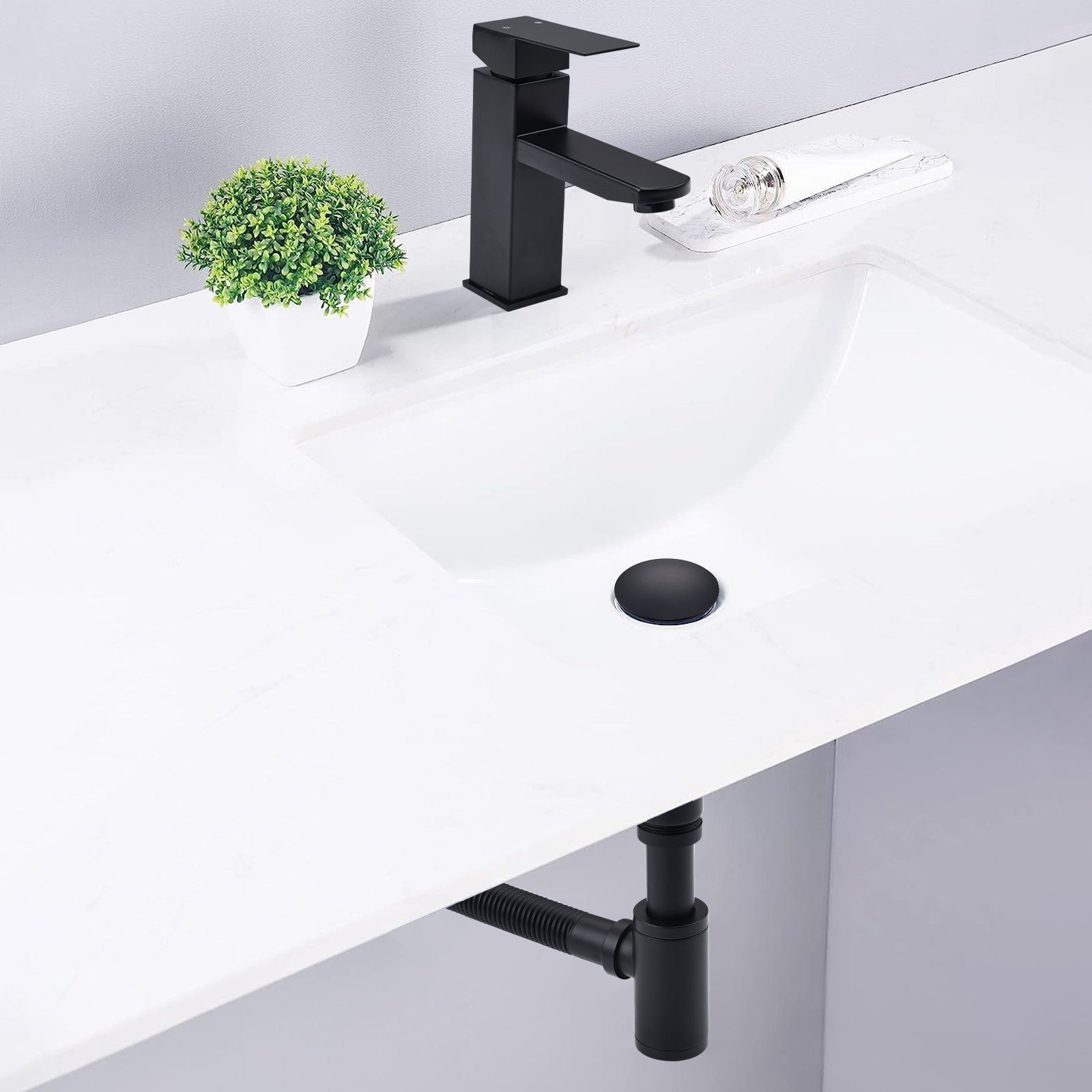 HOMELODY Ablaufgarnitur Siphon Pop Up Ablaufgarnitur mit Überlauf Universal Röhrensiphon Set Waschtisch Bad Geruchsverschluss Stöpsel Abfluss Garnitur Schwarz