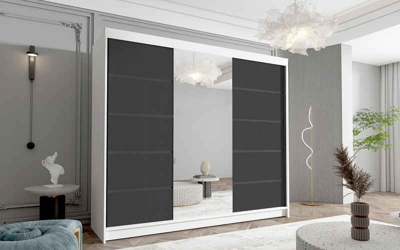Sofnet Kleiderschrank Davos VI (mit Spiegel, Schiebetüren und Kleiderstange) Schwebetürenschrank mit 3 Türen, Schiebetürenschrank - 250x215x58 cm