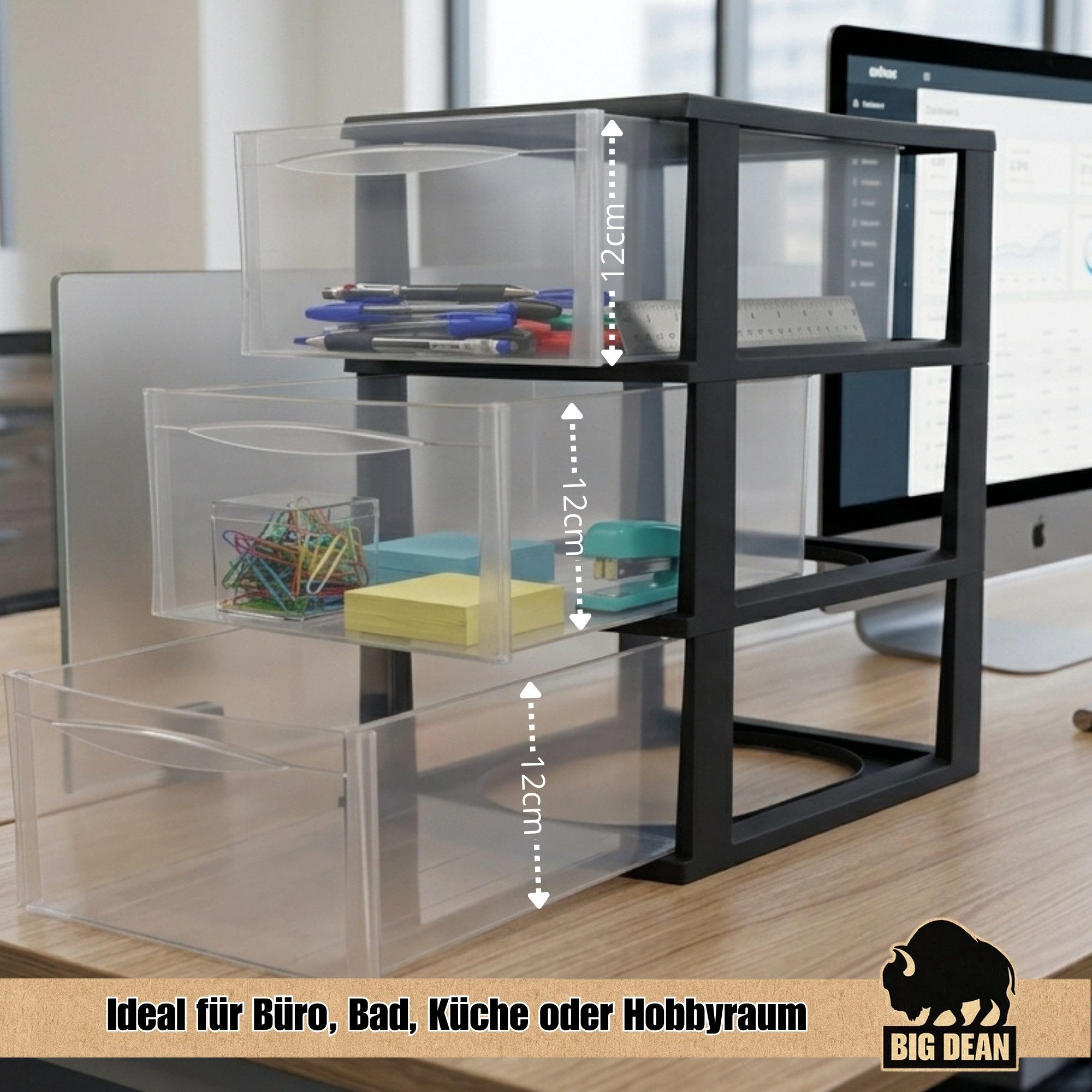 BigDean Schubladenbox A4 Schreibtisch Organizer Transparent mit extra hohen Schubladen, (Box-Set, 1-St., Schubladenbox), Stapelbare Konstruktion, transparente Sichtfenster, leichtgängig