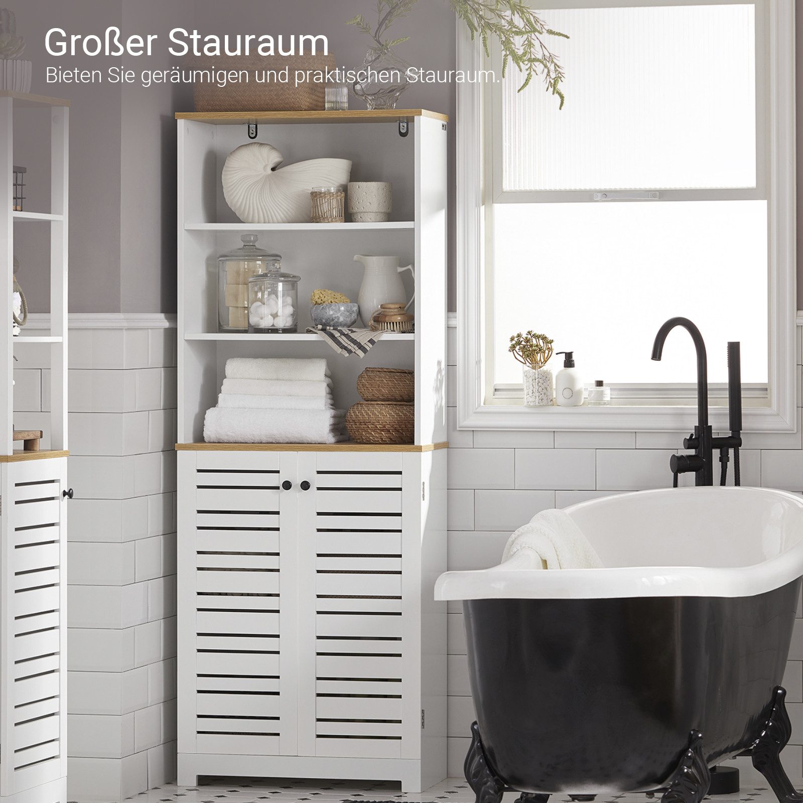 SoBuy Hochschrank BZR44, Badezimmerschrank schmal, Badkommode mit verstellbaren Ablagen Badschrank Aufbewahrungsschrank mit 3 Fächern und 2 Lamellentür – Bild 2 von 5