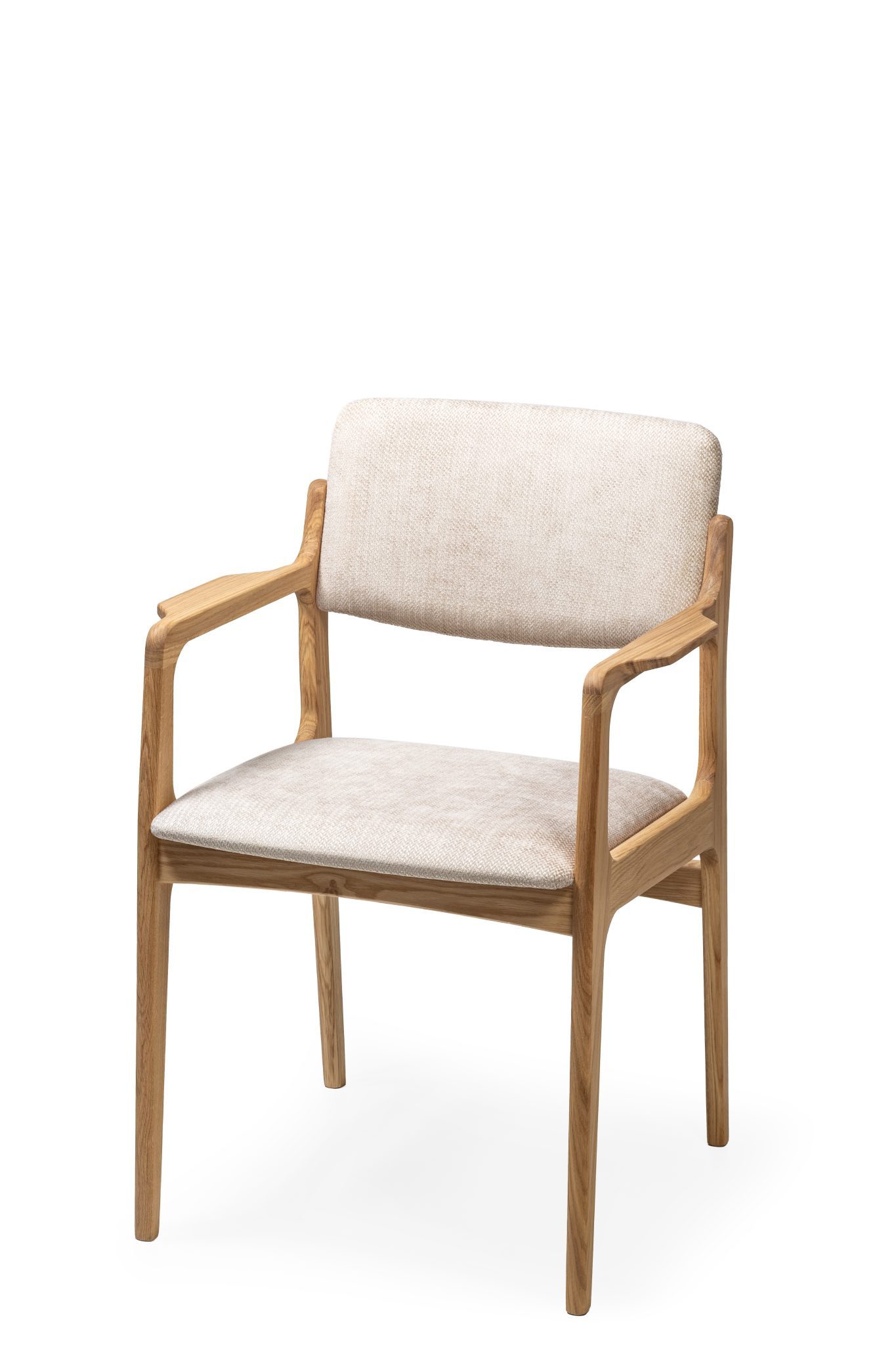 Woodek Design Esszimmerstuhl OSLO mit Armlehnen, gepolsterter Rückenlehne und Sitzfläche (strukturierter hellbeiger Stoff Roja 03, 1 St), hergestellt aus massivem Eichenholz