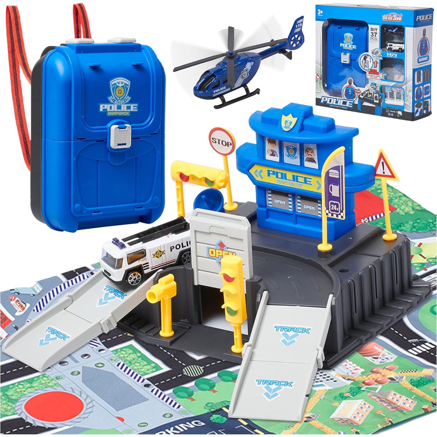 Esun Spiel-Feuerwehrwache Parkhaus für Kinder, Parkgarage Feuerwehr und Polizei Spielzeug garage (SET, Komplettset), Tragbares Rucksackdesign autogarage kinder 3 jahre