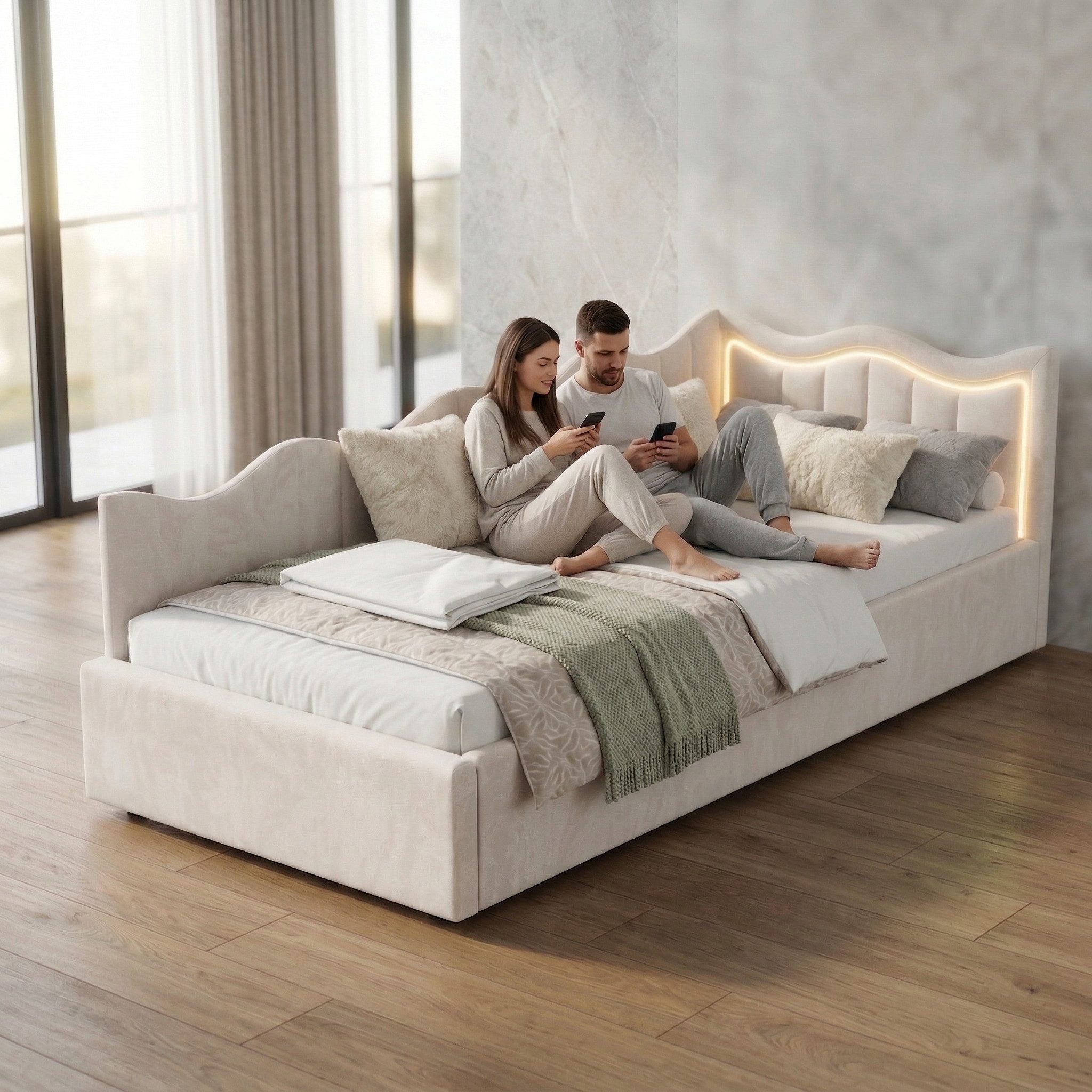 Furnishings Home Polsterbett Daybett Jugendbett Einzelbett (Hydraulisch hebbarer Stauraum, Geeignet für Jungen und Mädchen), Mit LED-Beleuchtung, Samt, 90x200 cm