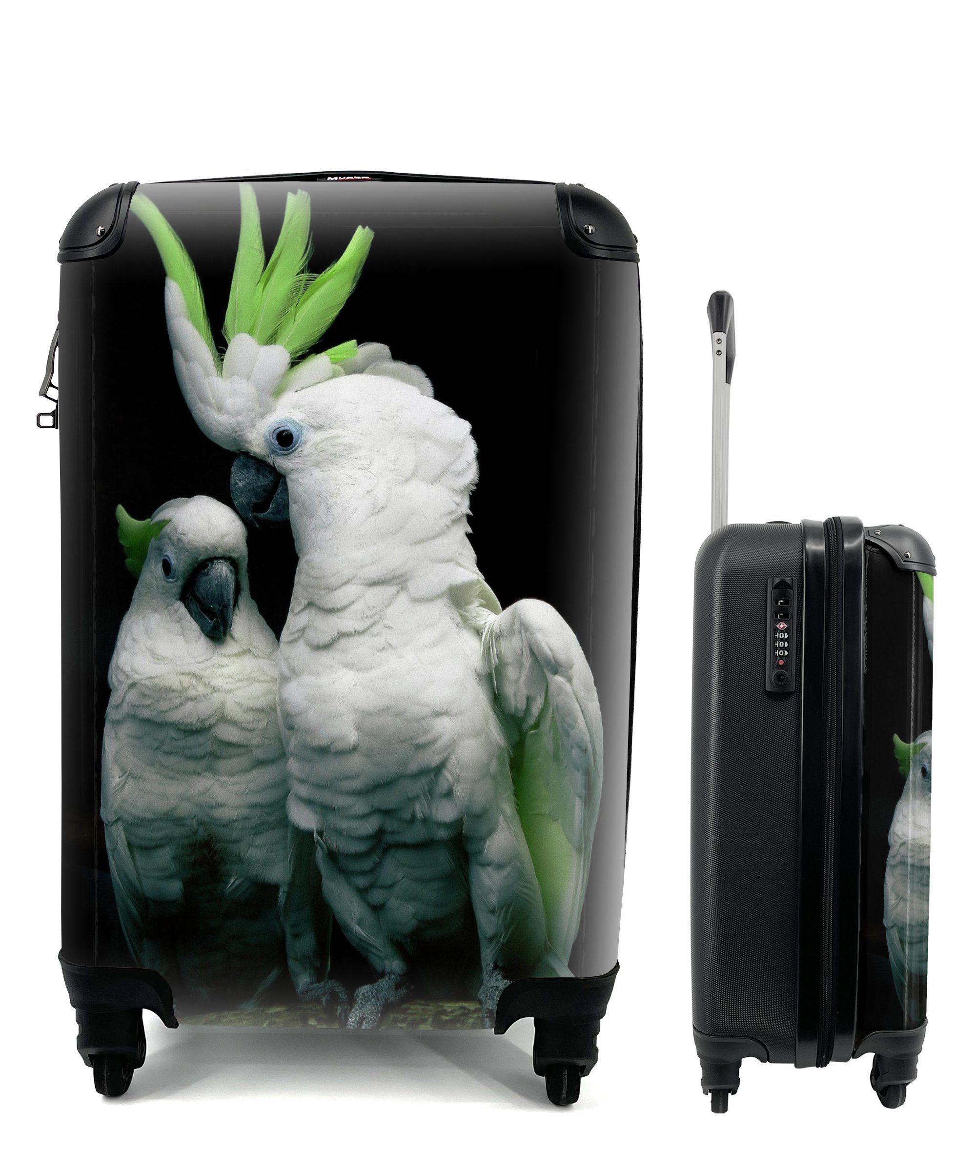 MuchoWow Handgepäckkoffer Grüne Kakadus auf schwarzem Hintergrund, 4 Rollen, Reisetasche mit rollen, Handgepäck für Ferien, Trolley, Reisekoffer