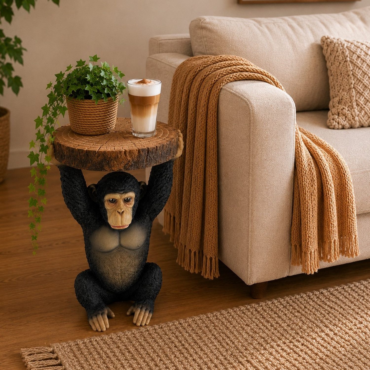 Online-Fuchs Beistelltisch Affe mit runder Baumscheibe in Holz Optik - Outdoor geeignet! (53 cm hoch, Deko Figuren), als Nachttisch, Sofatisch oder Gartentisch einsetzbar