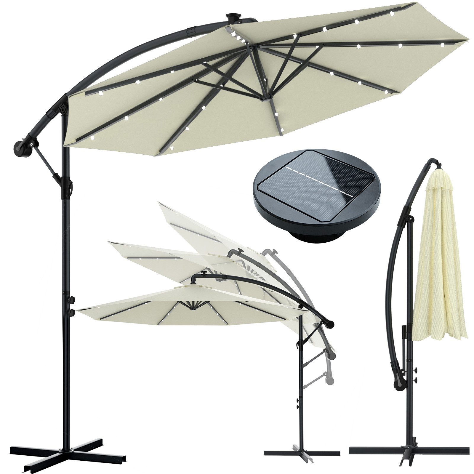 Huracan Sonnenschirm LED Solar Ø 250/300/350cm Ampelschirm mit Kurbel, Ständer, Gartenschirm Balkonschirm UV-Schutz Aluminium wasserdicht 360°neigbar