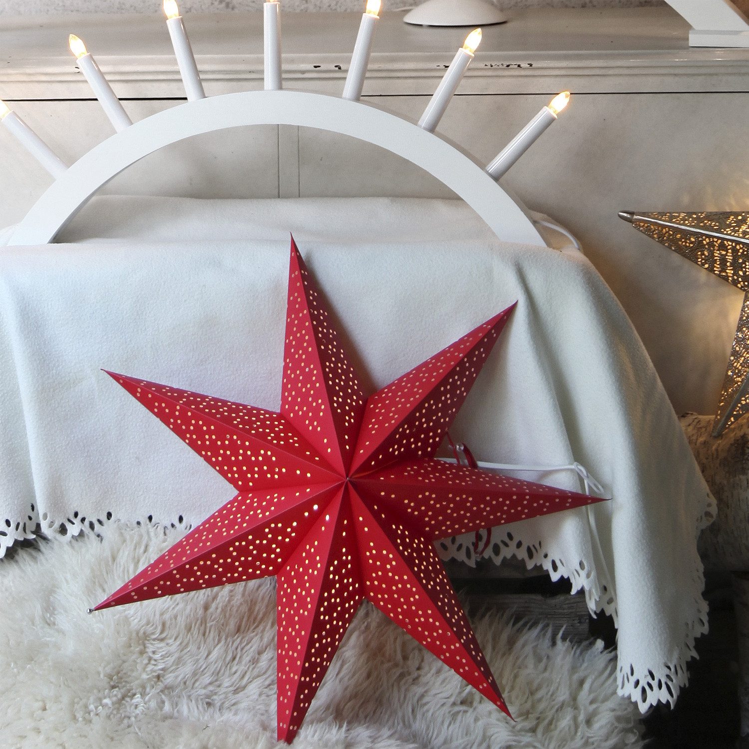STAR TRADING LED Stern Papierstern Leuchtstern Faltstern 7-zackig hängend 54cm mit Kabel rot