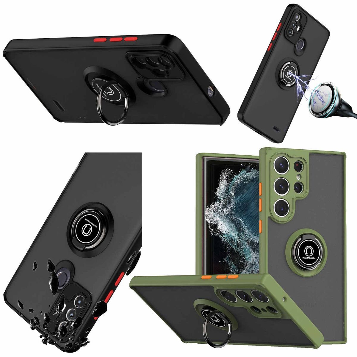 Wigento Handyhülle Für Samsung Galaxy S23 Ultra TPU / PC Design Ring Cover Handy Tasche Hülle Schutz Etuis Army Grün Neu