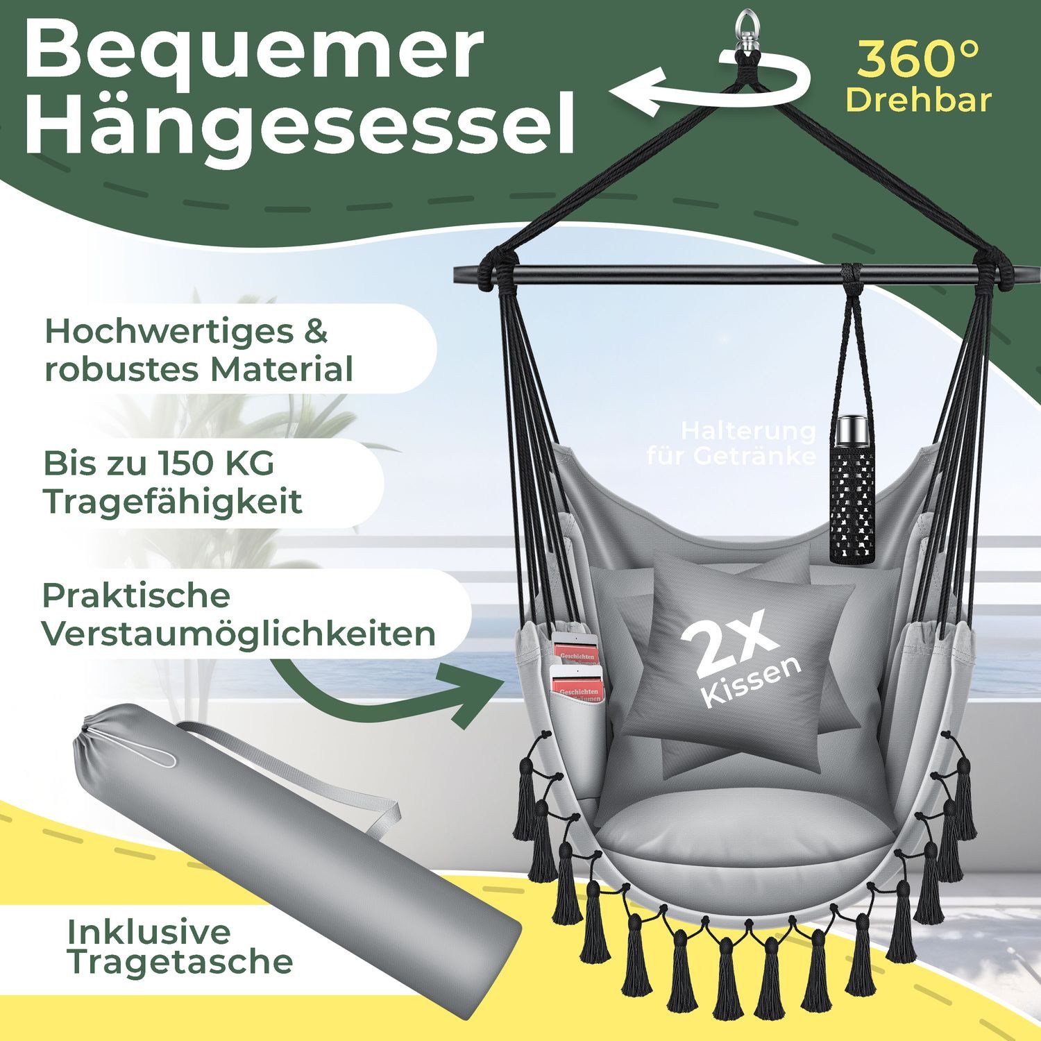 KESSER Hängesessel, Hängestuhl mit Kissen, Getränkehalter & Bücherfach bela günstig online kaufen