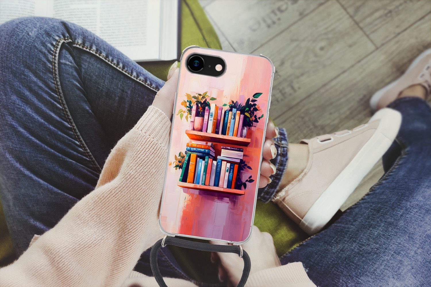MuchoWow Handyhülle für Apple iPhone 8 Regale - Bücher - Blätter, Tragbare Handyhüllen mit Kette zum umhängen, Handykette Handyband