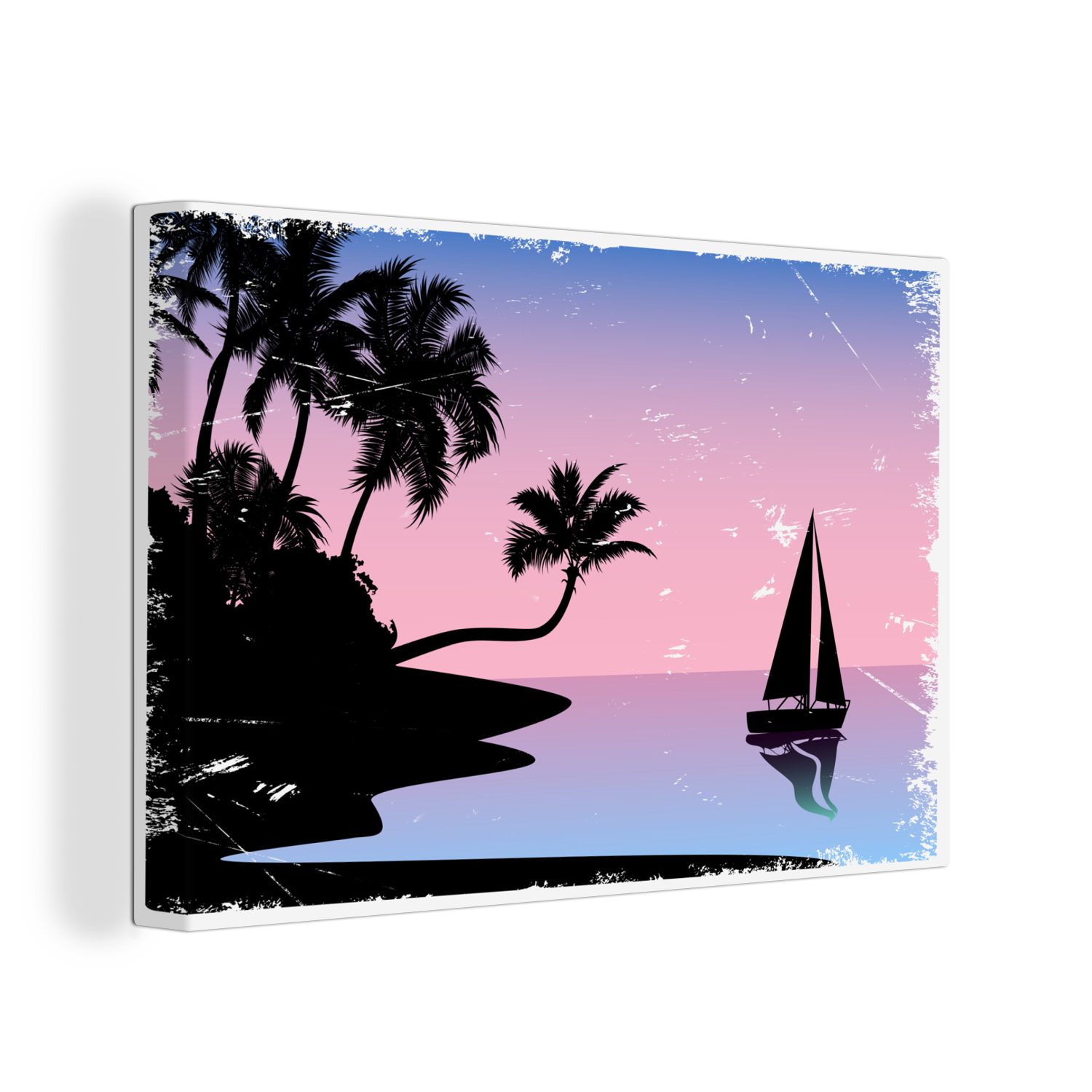OneMillionCanvasses® Leinwandbild Boot - Palme - Himmel - Zeichnung, (1 St), Wandbild Leinwandbilder, Aufhängefertig, Wanddeko, 30x20 cm