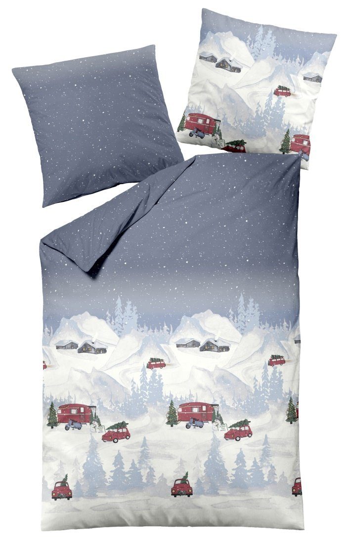 Dormisette Bettwäsche Biber Bettwäsche-Set Weihnachten made in Germany, Biber, 2 teilig, verschneite Landschaft X-MAS Truck Bettwäsche-Set zum Wohlfühlen
