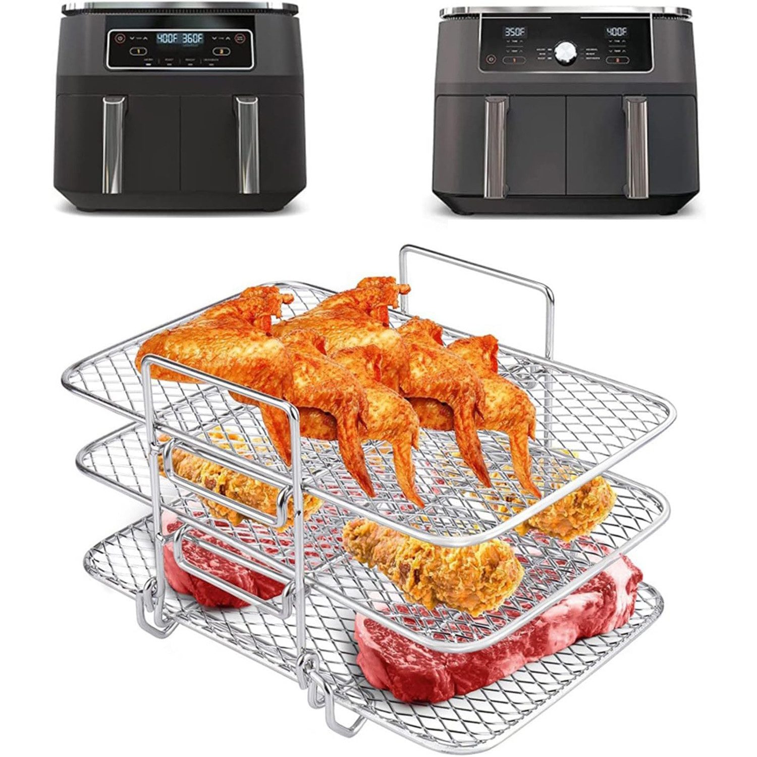 Refined Living Airfryer-Grillrost 3 Etagen Heißluftfritteuse Grillrost Zubehör Airfryer Zubehör (Kompatibel für Dual Zone HeißluftfritteuseAF400EU (19x13x11,5 cm), 1-St., Küchenmaschinen Zubehör-Set), 304 Edelstahl Mehrzweck Rack Spülmaschinenfest Backform