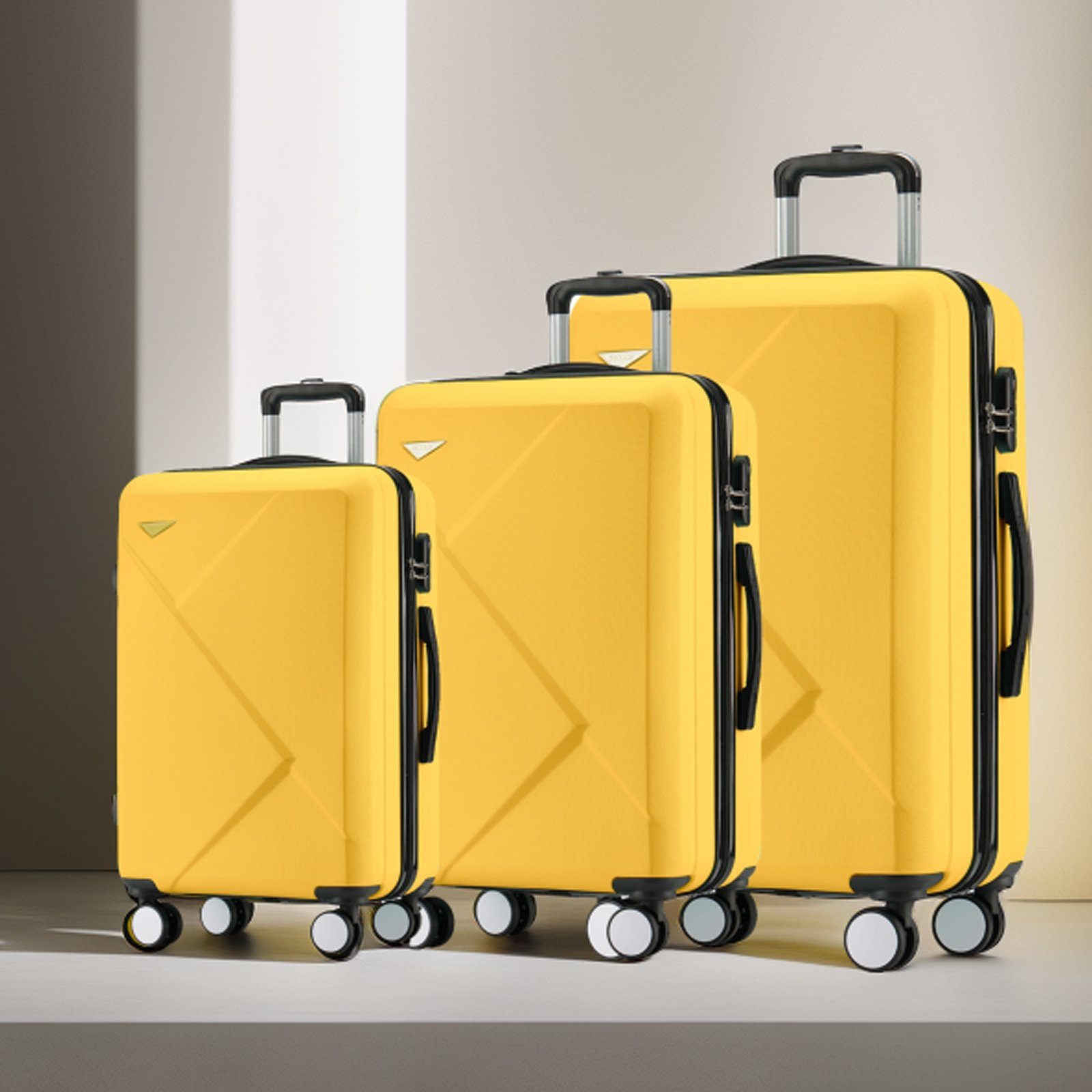 FUROKOY Kofferset 3-teiliges Set, Hartschalen-Handgepäck ABS-Material, , Rollkoffer, Reisekoffer mit Zahlenschloss gelb