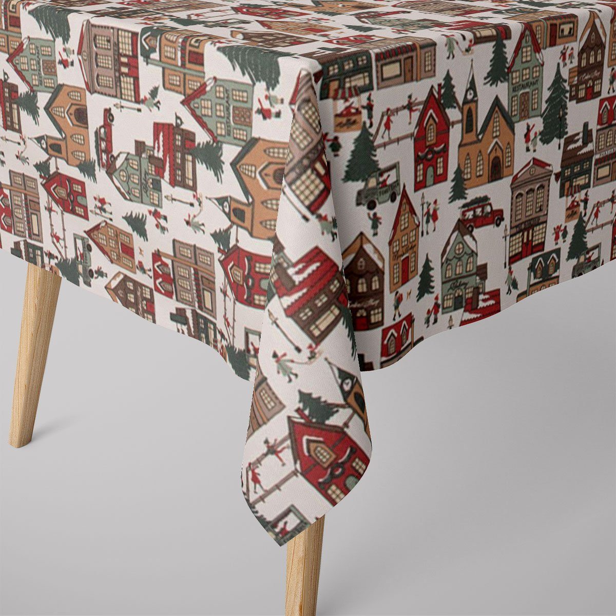 SCHÖNER LEBEN. Tischdecke Weihnachtstischdecke Winter Village Scene Winterdorf div. Größen, handmade
