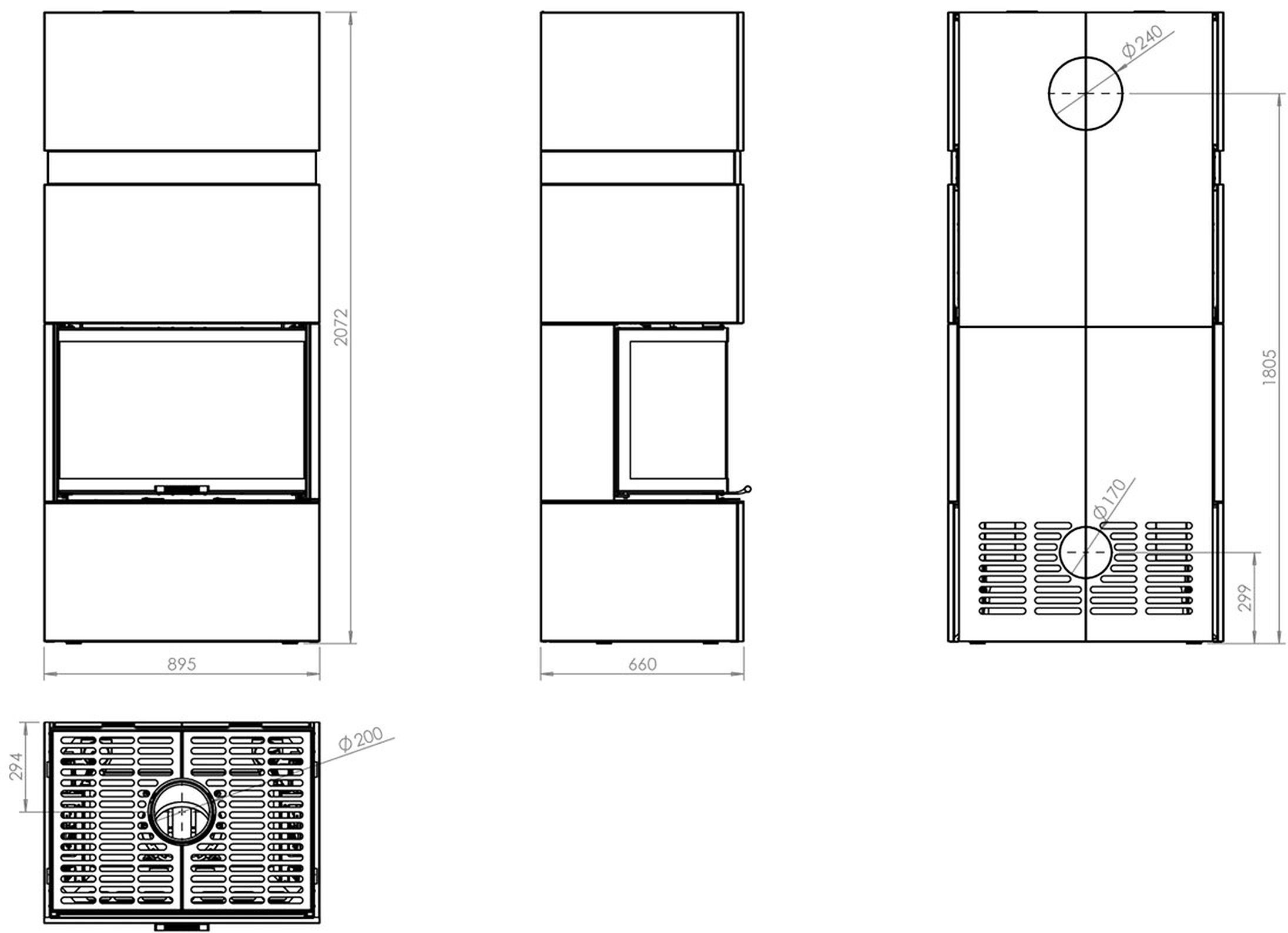 Hitze Kaminbausätze TRINITY 80x35x53.G Kaminbausatz in schwarz Bauart1 BImSchV II, 12,00 kW, Dauerbrand, Aschekasten