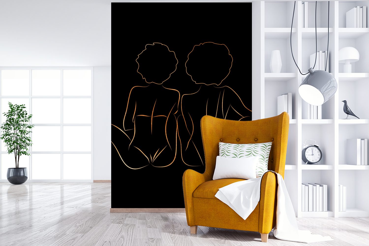 - Frauen Vinyl (3 MuchoWow Linienkunst für und St), Wandtapete Matt, bedruckt, Gold, Montagefertig Schwarz Tapete Fototapete - Wohnzimmer,