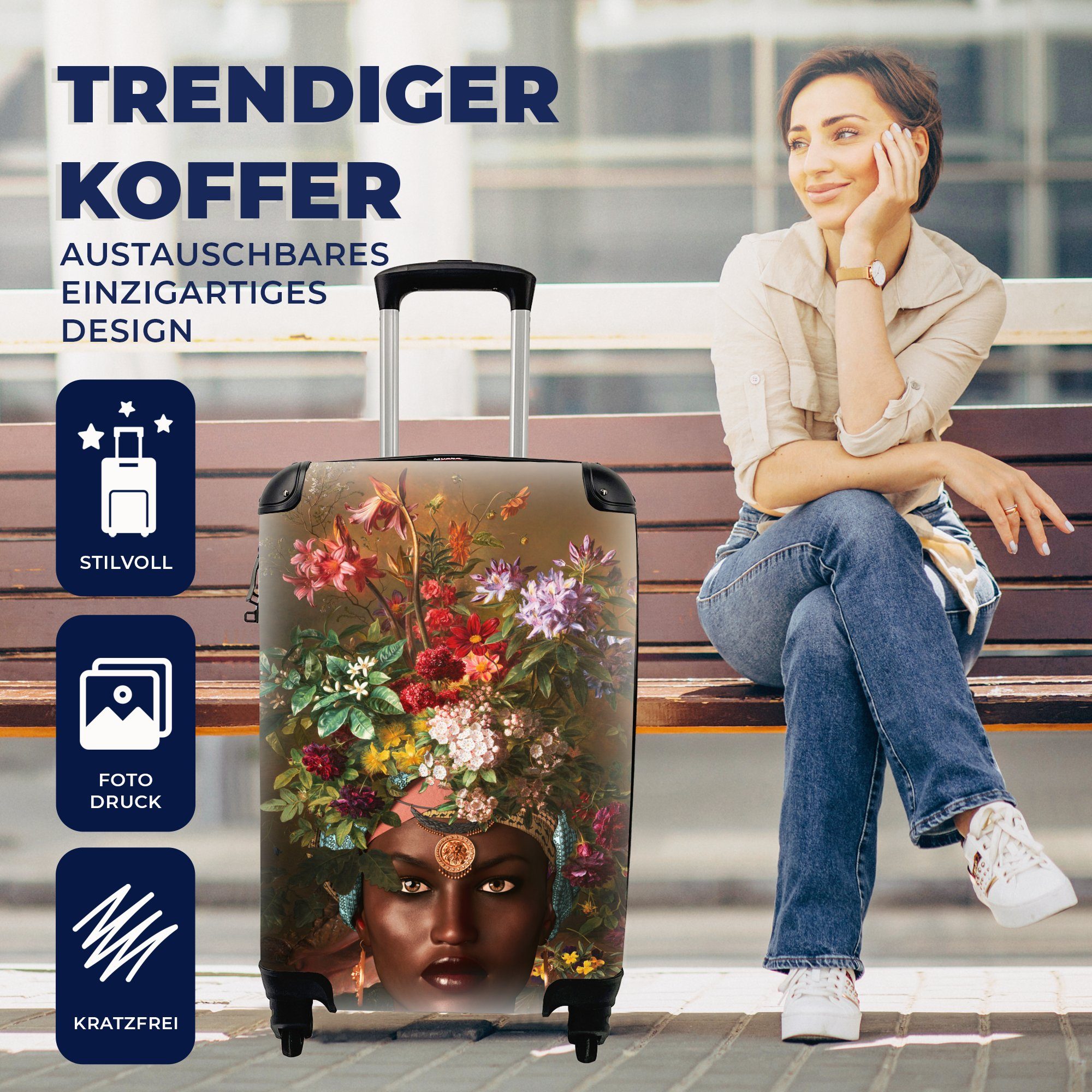 MuchoWow Handgepäckkoffer mit Reisetasche Frau rollen, Trolley, - Handgepäck Farben, Ferien, Blumen für Rollen, - Reisekoffer 4