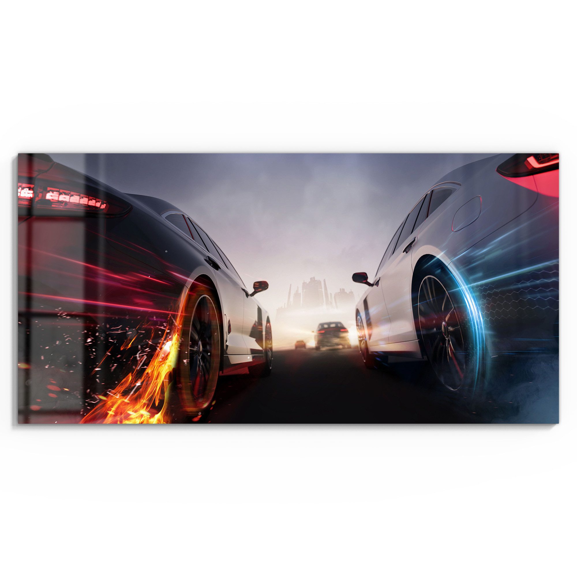 DEQORI Glasbild 'Rennen im Neonlicht', 'Rennen im Neonlicht', Glas Wandbild Bild schwebend modern
