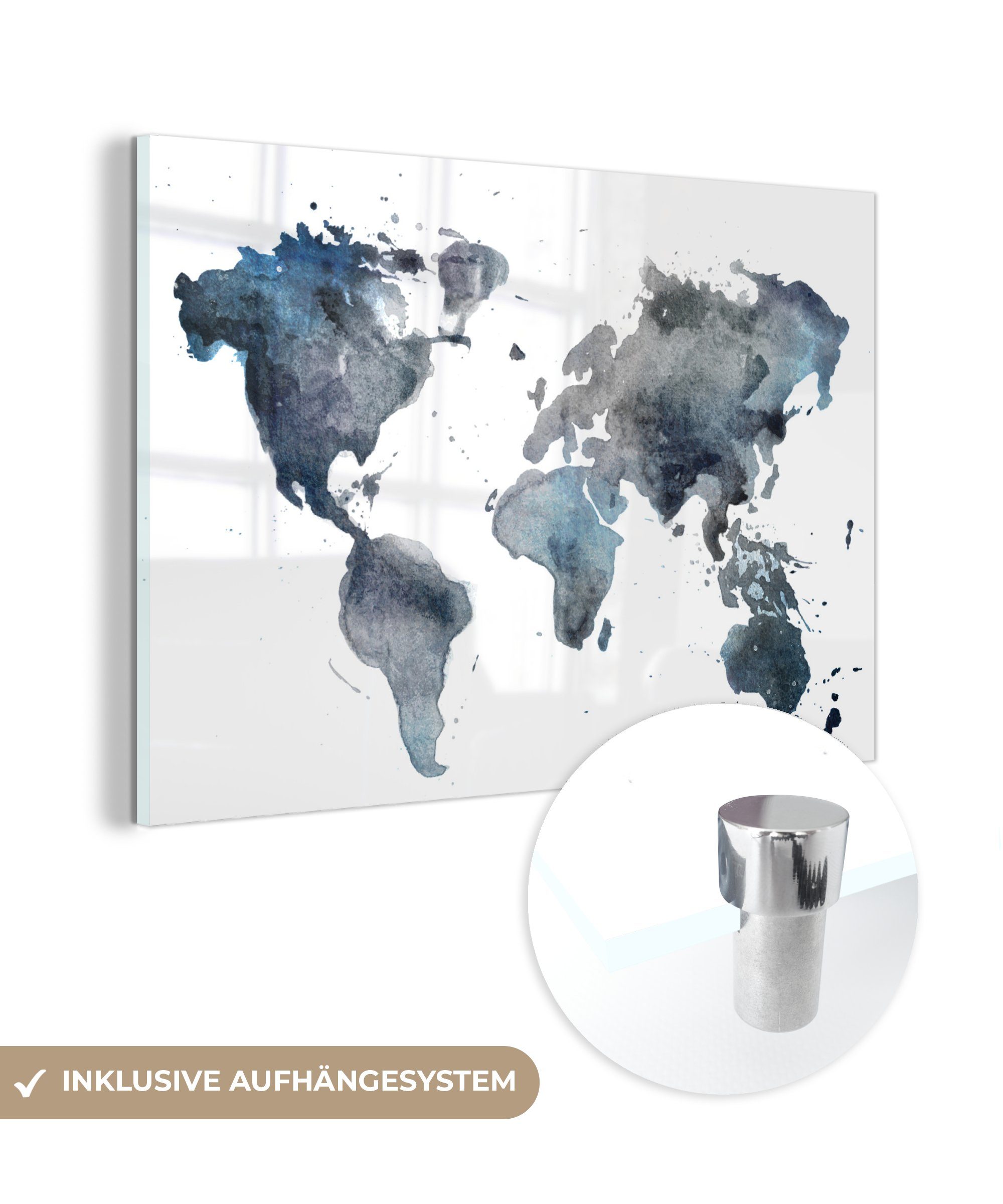 MuchoWow Acrylglasbild Weltkarte - Aquarell - Abstrakt, (1 St), Glasbilder - Bilder auf Glas Wandbild - Foto auf Glas - Wanddekoration