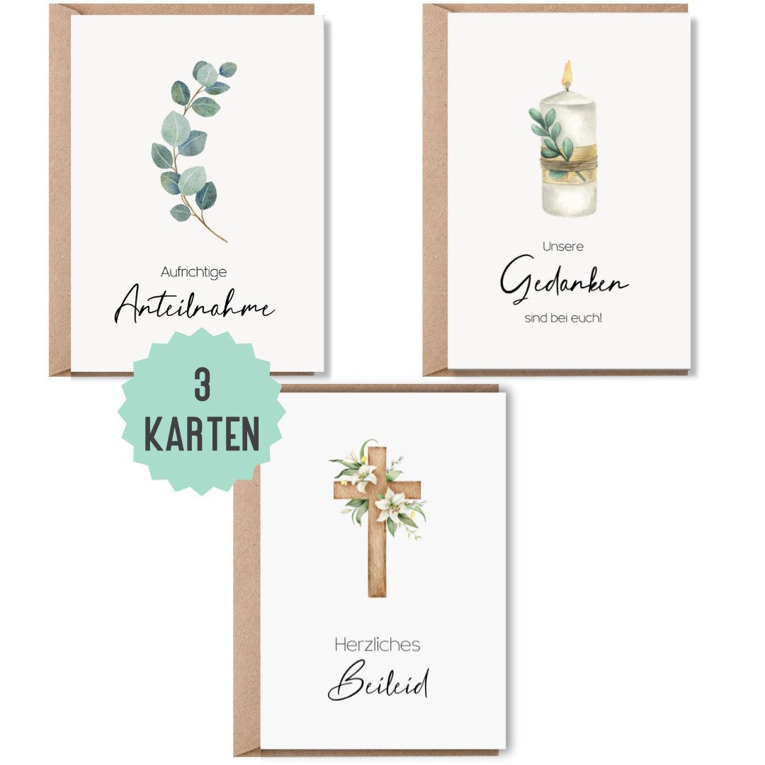 Beileidskarte 3 x Beileidskarten mit Umschlag, Set Trauerkarte für Beerdigung