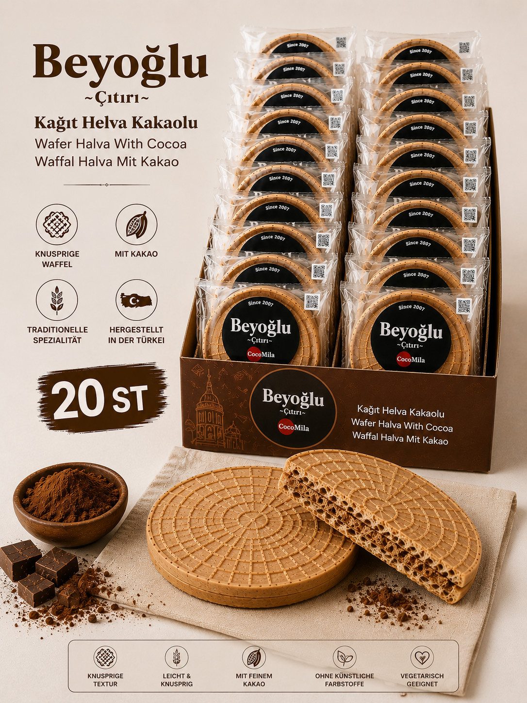 Beyoglucitiri Süßigkeit Kakao Waffel Halva 40 g – Knusprige türkische Süßigkeit mit Kakaocreme, 1 x 40 g, 1 St., Knusprige Waffelspezialität, Mit Kakao, Einzeln verpackt