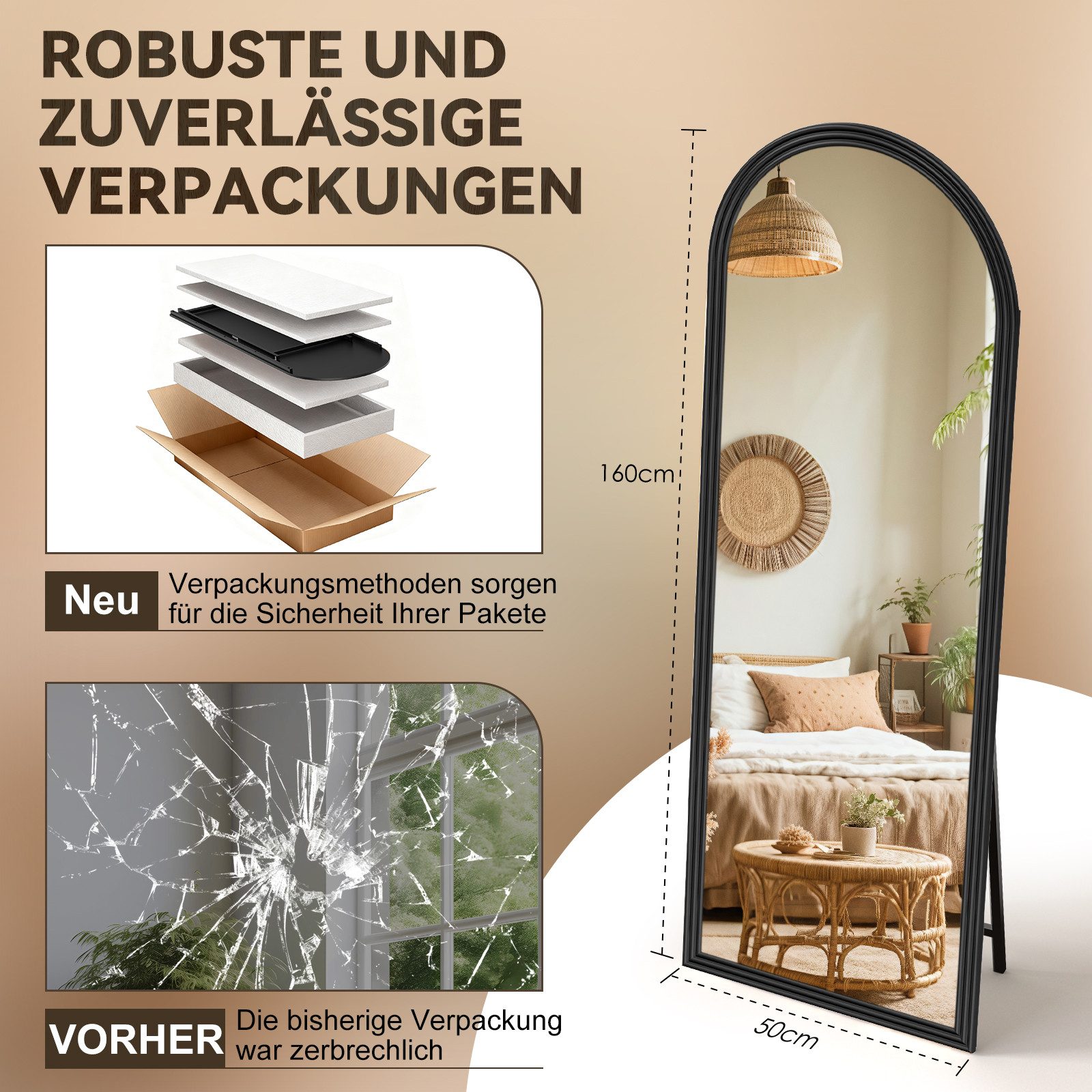 BBWL Ganzkörperspiegel 160 x 50 cm, Großer Standspiegel, mit stabilem Standfuß, Holzrahmen in Bogenform,HD Spiegelglas, stabiler Rahmen