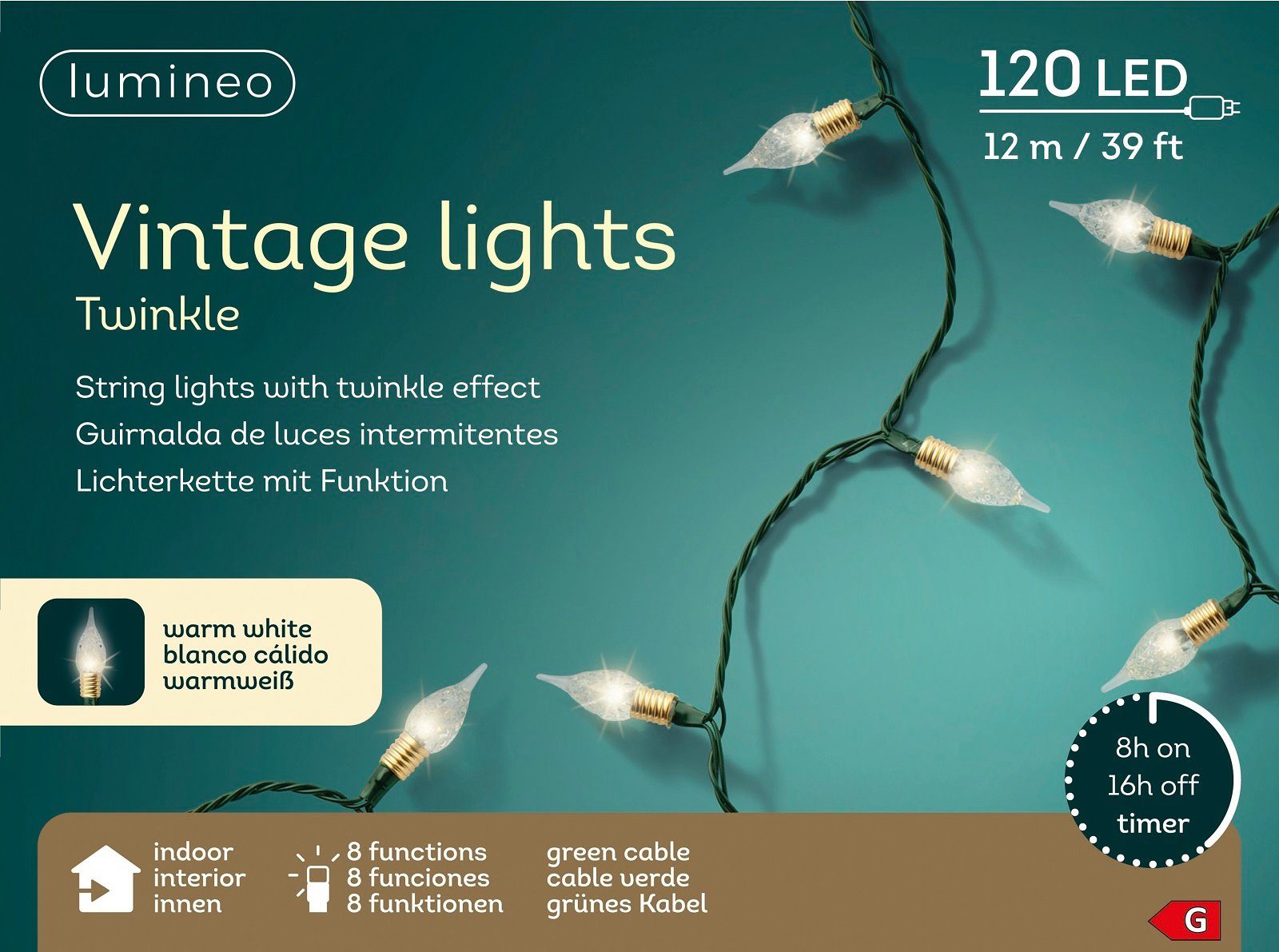 Lumineo LED-Lichterkette Lumineo Lichterkette Twinkle 120 LED 12 m warm weiß 8 Funktionen, Twinkle-Effect, Indoor, 8h-Timer