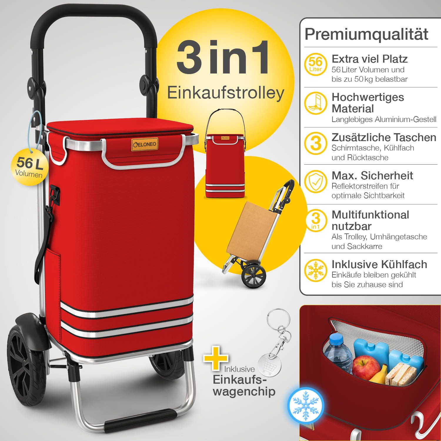 ELONEO Einkaufstrolley ELONEO Einkaufstrolley, 3in1, klappbar, Mit HängFix zum Anhängen an den Einkaufswagen