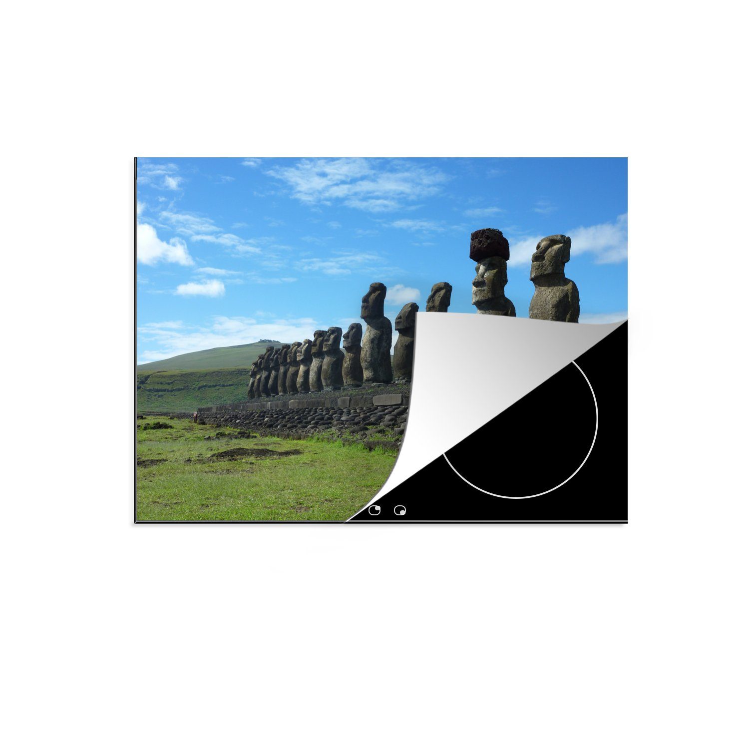 MuchoWow Herdblende-/Abdeckplatte Seitenansicht der Reihe von Moai-Statuen auf der Osterinsel, Vinyl, (1 tlg), 71x52 cm, Induktionskochfeld Schutz für die küche, Ceranfeldabdeckung