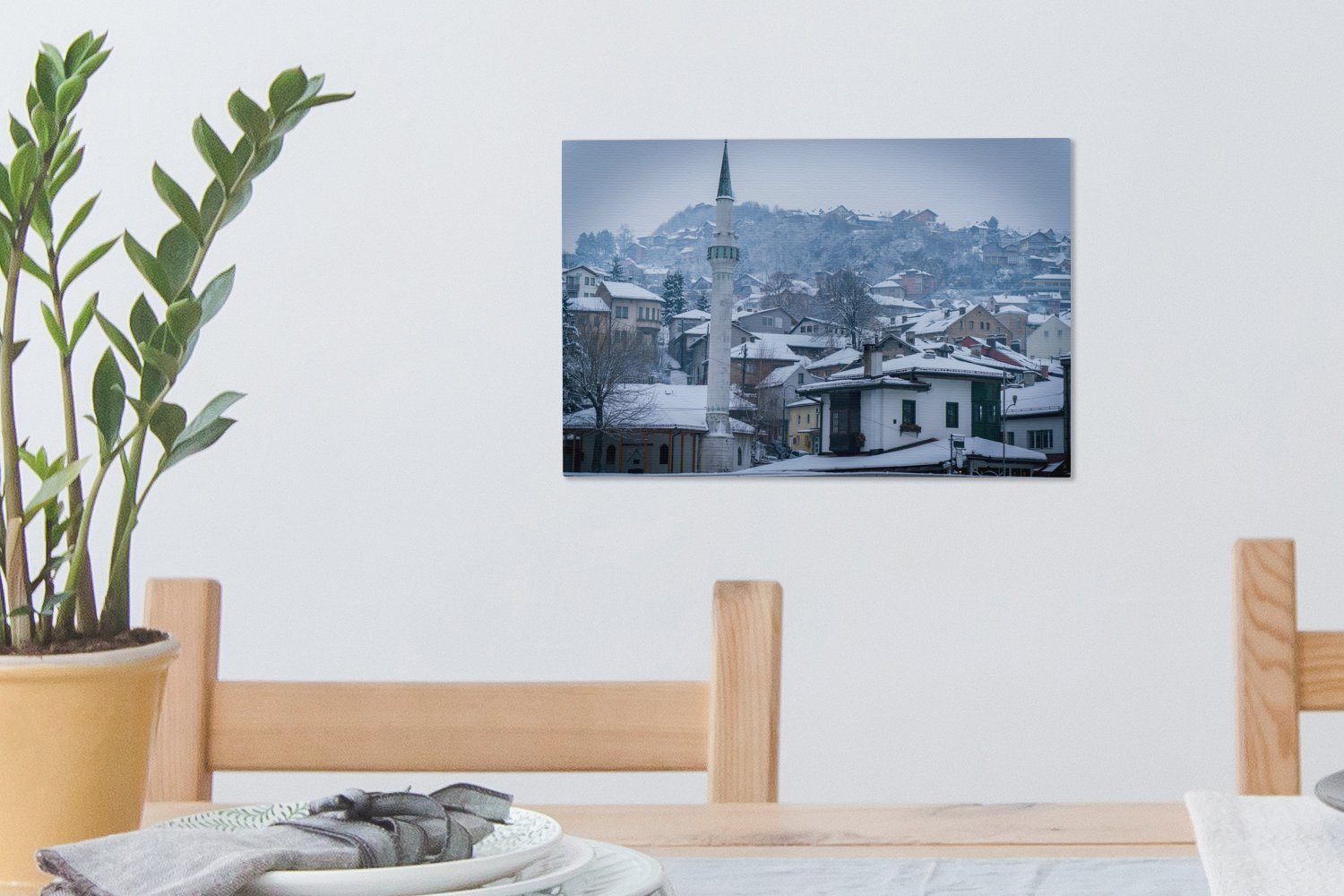 Wandbild Skyline Winterliche Leinwandbild OneMillionCanvasses® in Aufhängefertig, 30x20 Leinwandbilder, Wanddeko, St), (1 cm von Herzegowina, Bosnien Sarajevo und