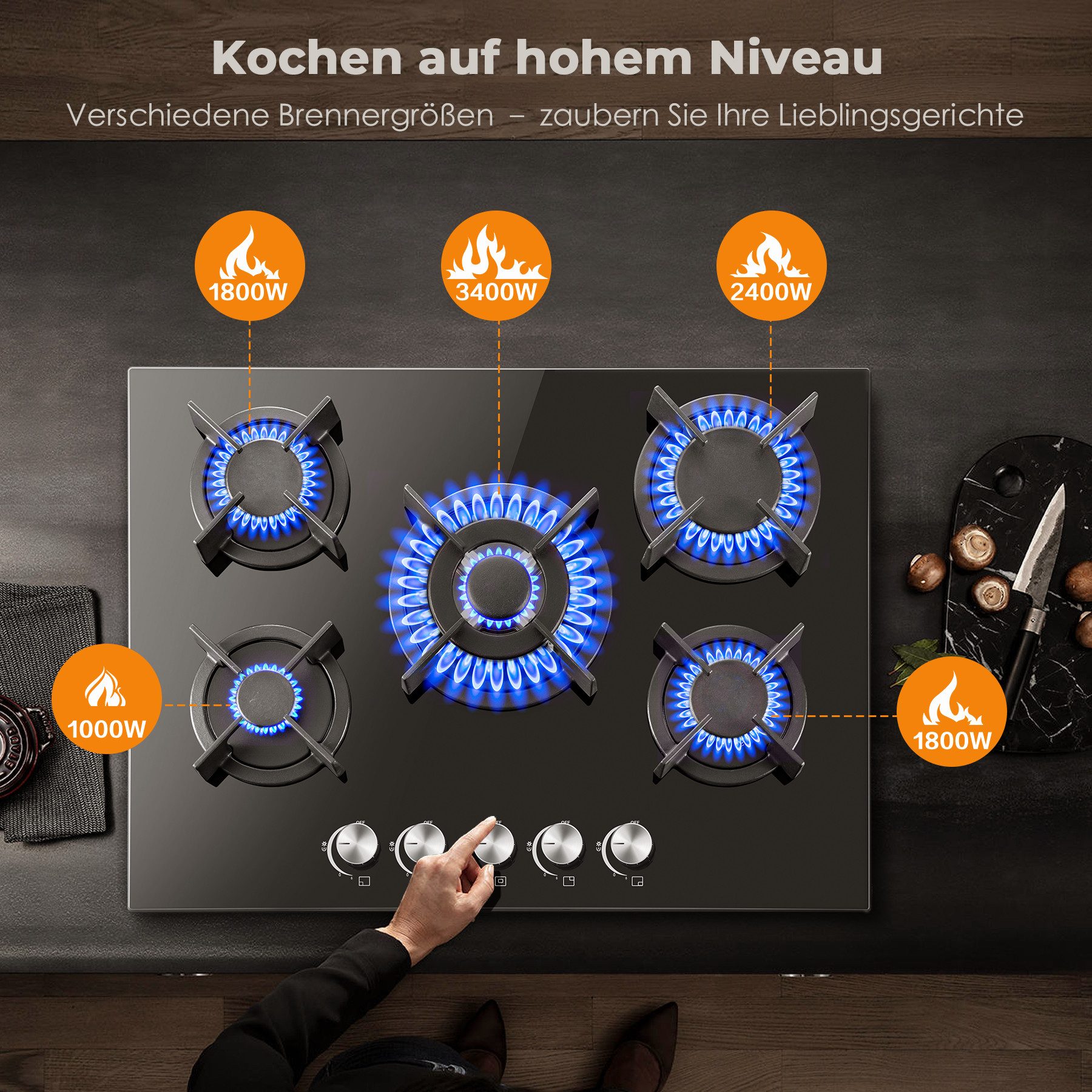 SNDOAS Gas-Kochfeld, Erdgas & Propangas, Einbau oder freistehend, 10400W, 220-240V