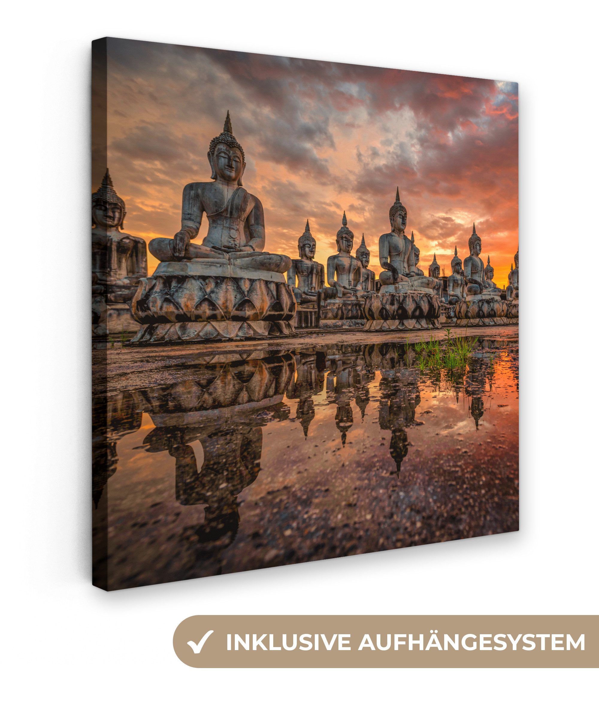 OneMillionCanvasses® Leinwandbild Buddha-Statuen - Sonnenuntergang - Wasser günstig online kaufen