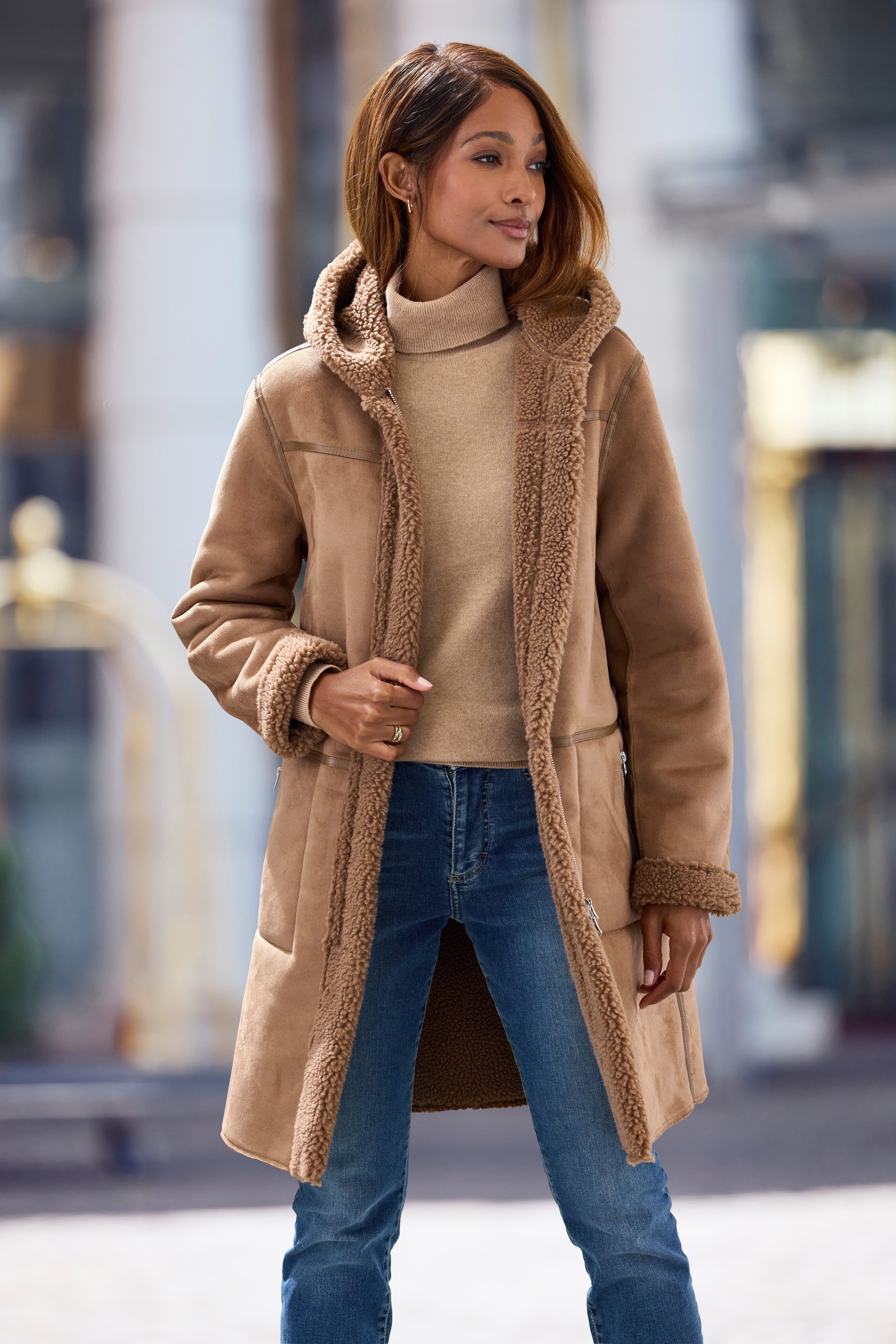 French Connection Lederimitatjacke mit Teddyfutter auf der Innenseite, Shearling Jacke, Lammfelloptik