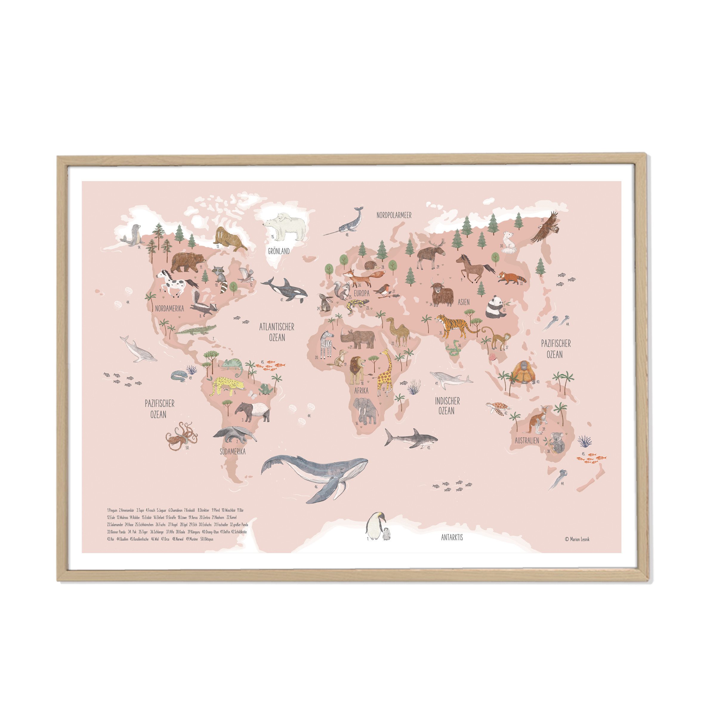 Designforlittleones Poster Weltkarte der Tiere rosa, original von Marion Lesnik