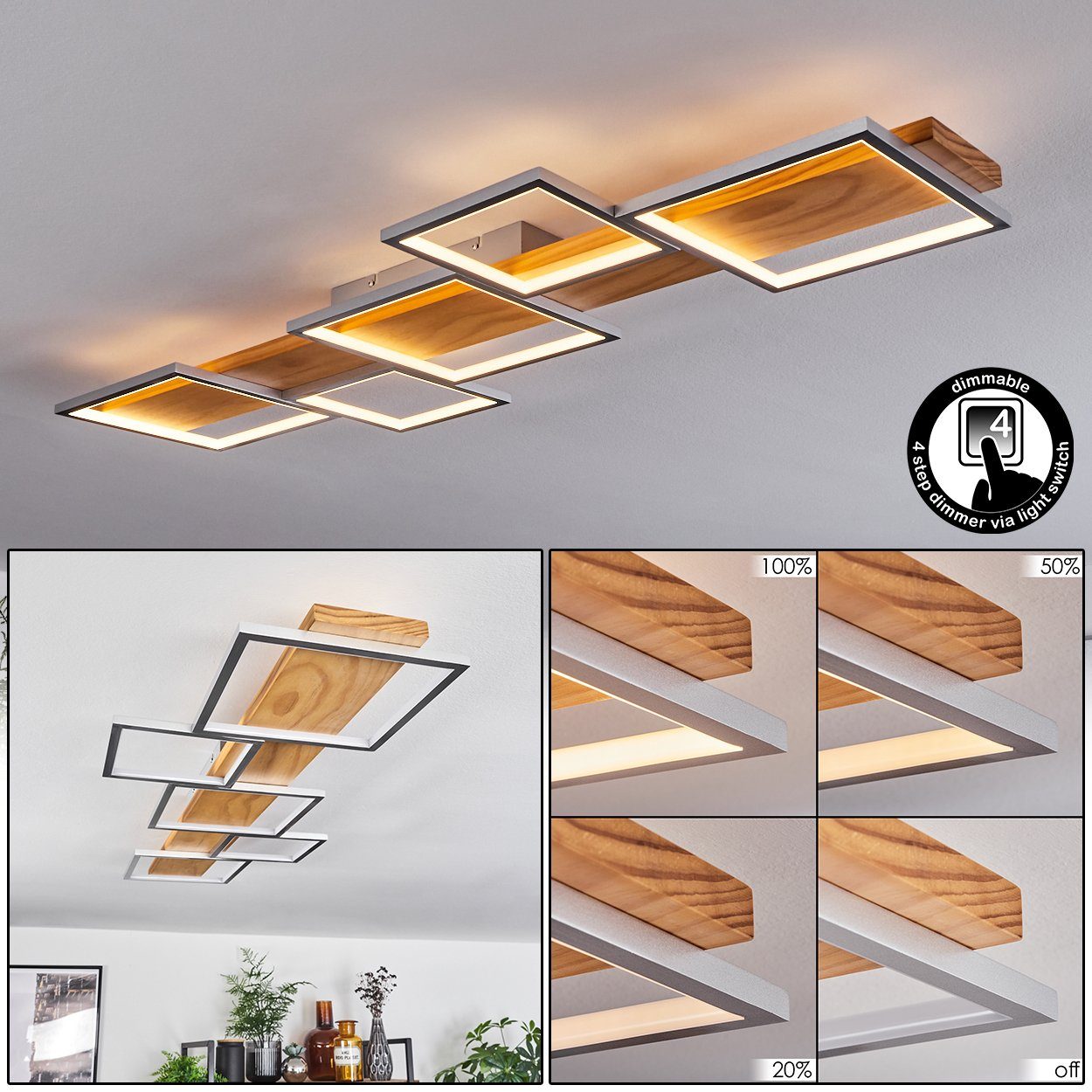hofstein Deckenleuchte Deckenlampe aus Metall/Holz/Kunststoff in Silberfarb günstig online kaufen