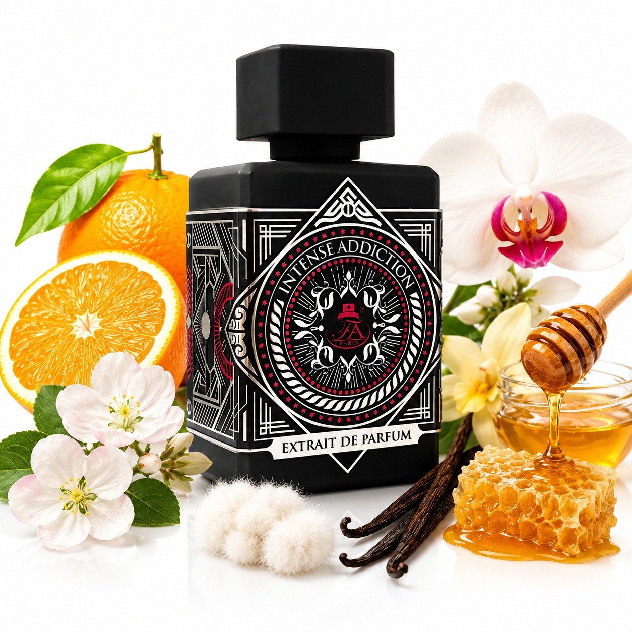 Fragrance World Duft-Set Intense Addiction Extrait de Parfum 80ml + Parfümzerstäuber (leer) Set