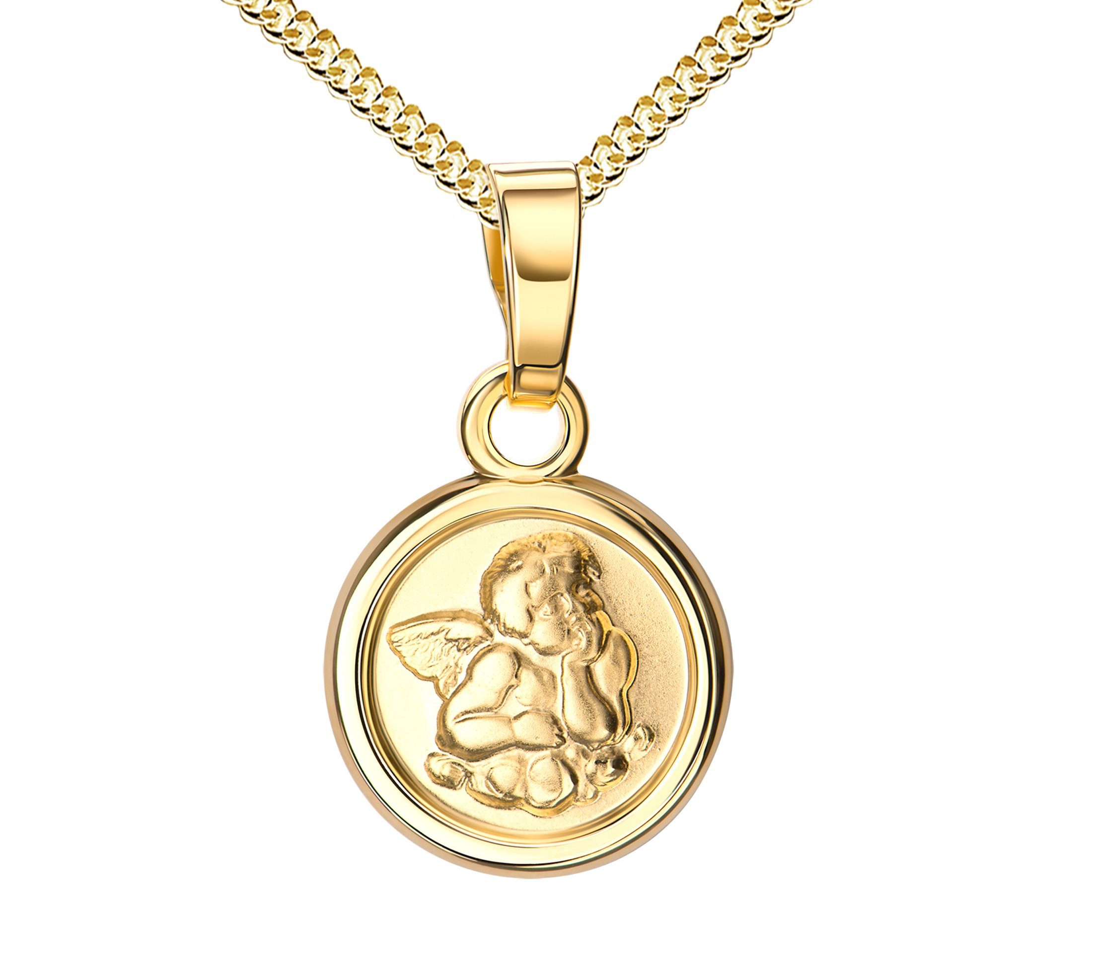 JEVELION Engelanhänger Schutzengel Anhänger 585 Gold Gravur "Gott schütze Dich" (Goldanhänger, für Damen und Kinder), Mit Kette vergoldet- Länge wählbar 36 - 70 cm.