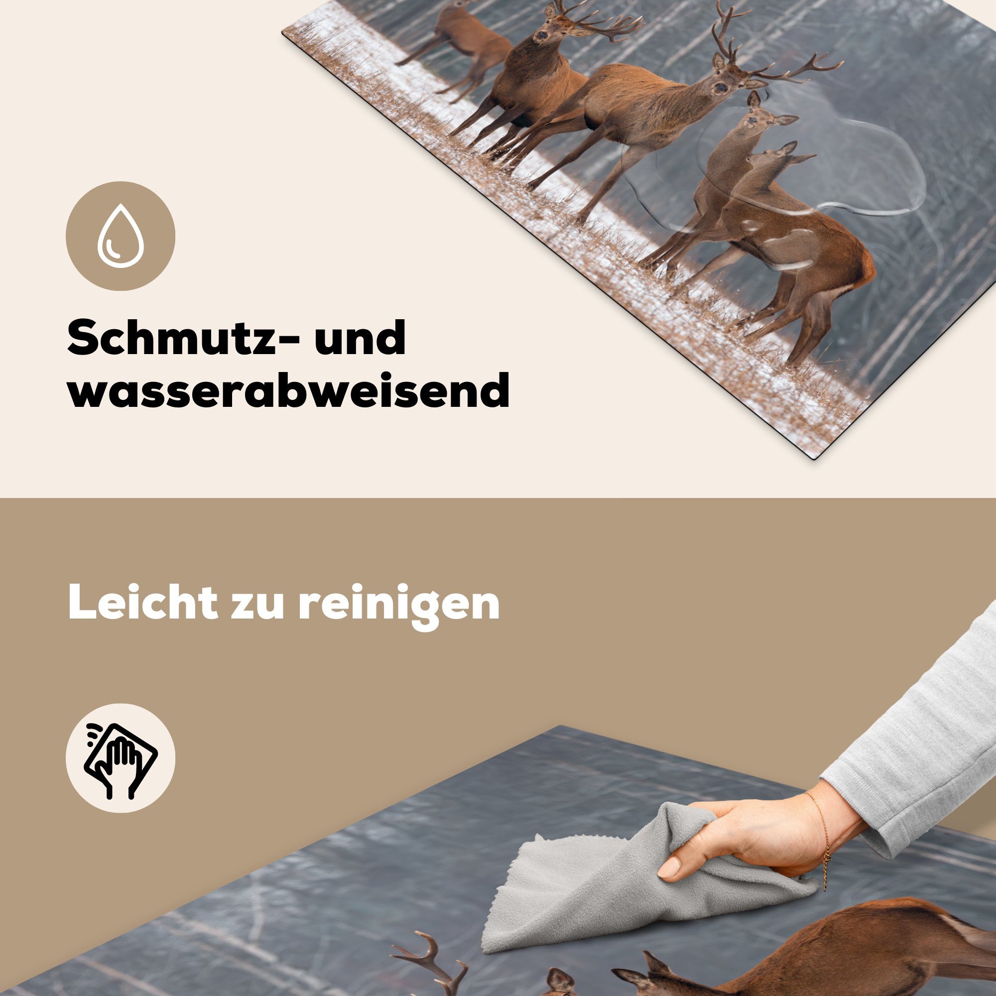 MuchoWow Herdblende-/Abdeckplatte Schutz Wald (1 Ceranfeldabdeckung küche, cm, Induktionskochfeld - die Hirsche Vinyl, 81x52 Winter, - tlg), für