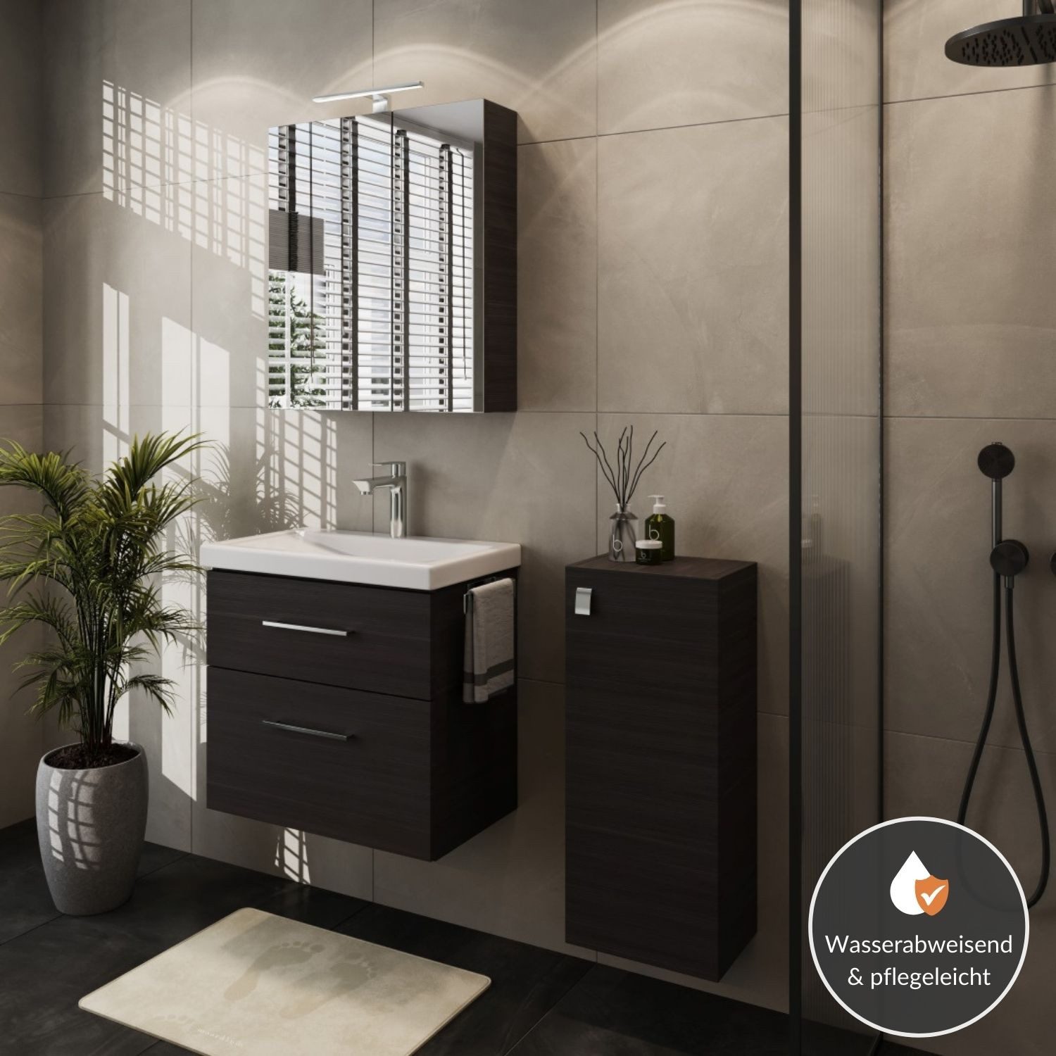Planetmöbel Badezimmer-Set Badmöbel-Set mit Spiegelschrank 63cm und Midischrank Anthrazit